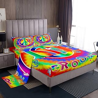 Peace Sign Fitted Sheet Full,Adults 60s Flower Power Sheet Set Hippy Girl Flower Bed Sheets 1960 Vintage Flowers 60S 70S Colorful Hippie Psychedelic Spiral Tie Dye Groovy Party Decorations
