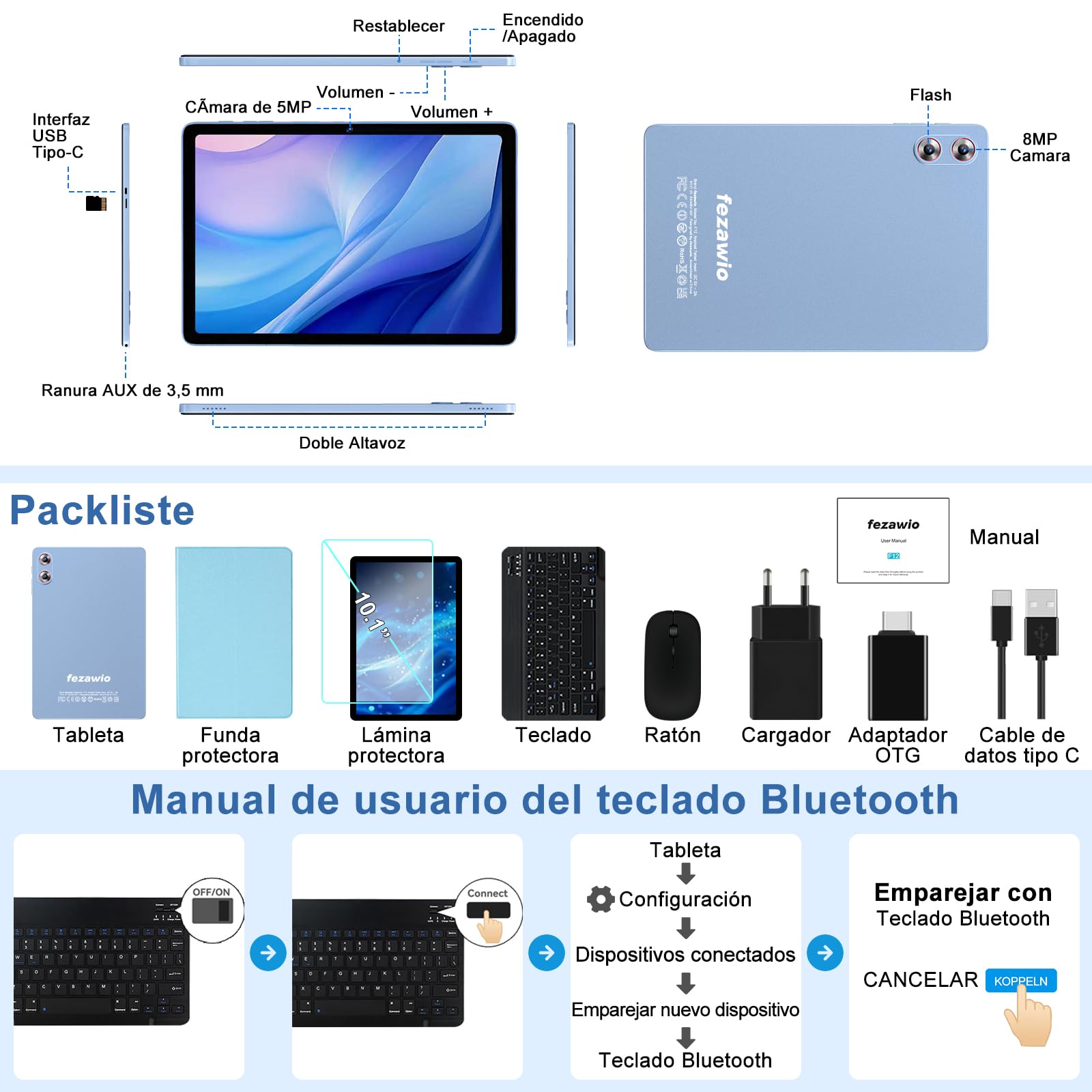 Tablet Tableta Android 15 Octa-Core 2.0 GHz｜30GB RAM + 128GB ROM（TF 1TB ）｜8000mAh｜5G WiFi 6｜ BT 5.0｜Cámara Dual｜GMS Certificación｜ Widevine L1｜5MP+8MP｜10.1 Pulgadas con Teclado y Ratón Color Azul