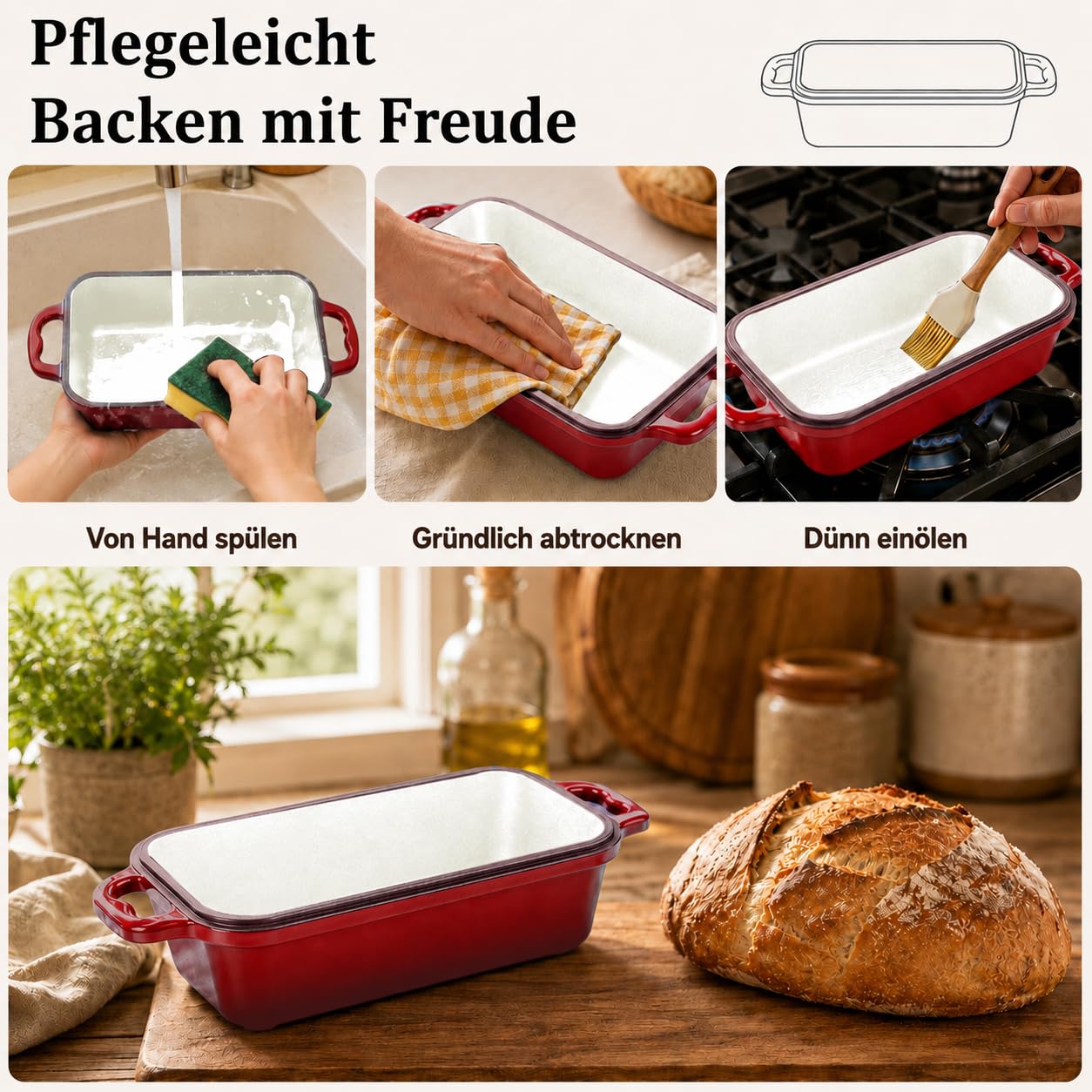 Gusseisen Brotbackform mit Deckel 2 in 1 Emailliert Brotbacktopf Dutch-Oven | 2 L Rechteckige Gusseisen Topf mit Silikon-Griffüberzügen für die Küche zum Backen zu Hause Kasten Sauerteig, Rot, 21 x 11cm