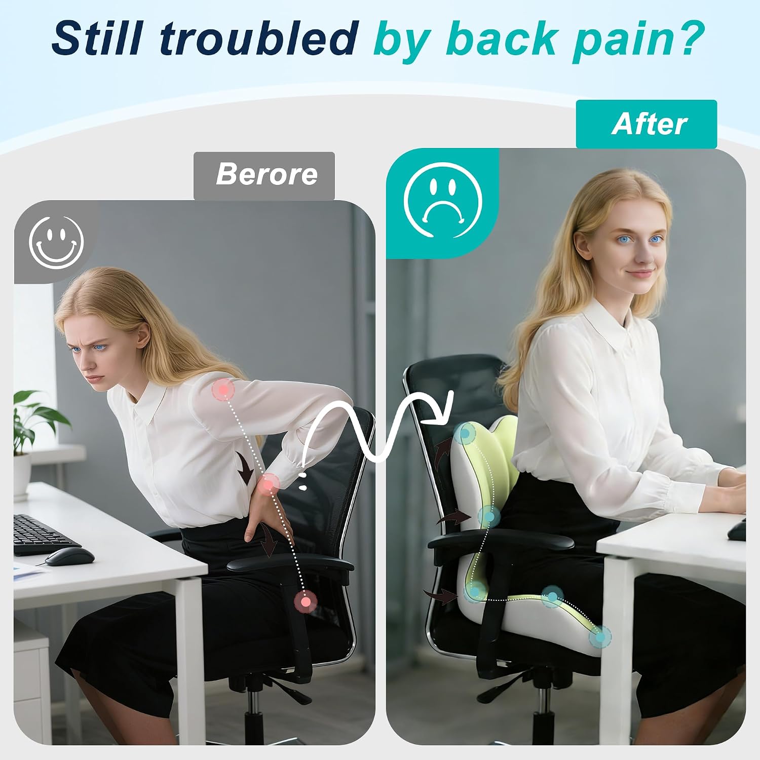 Seat Cushion for Office Chair and Car, Lumbar Support Pillow for Office Chair, Memory Foam Ergonomic Seat Cushion for Long Sitting, Back & Tailbone Pain, Sciatica - Green & Gray thumbnail