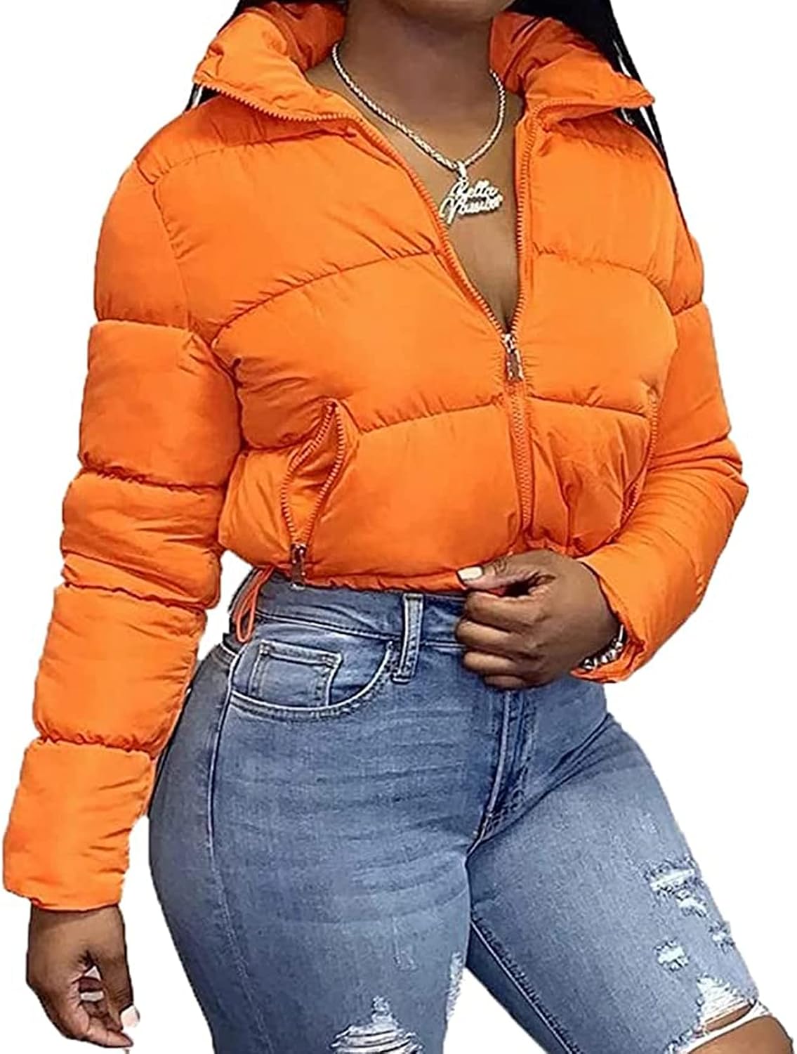 Flygo Women's Cropped Quilted Puffer Jacket Full Zip Winter Padded Bubble Coat