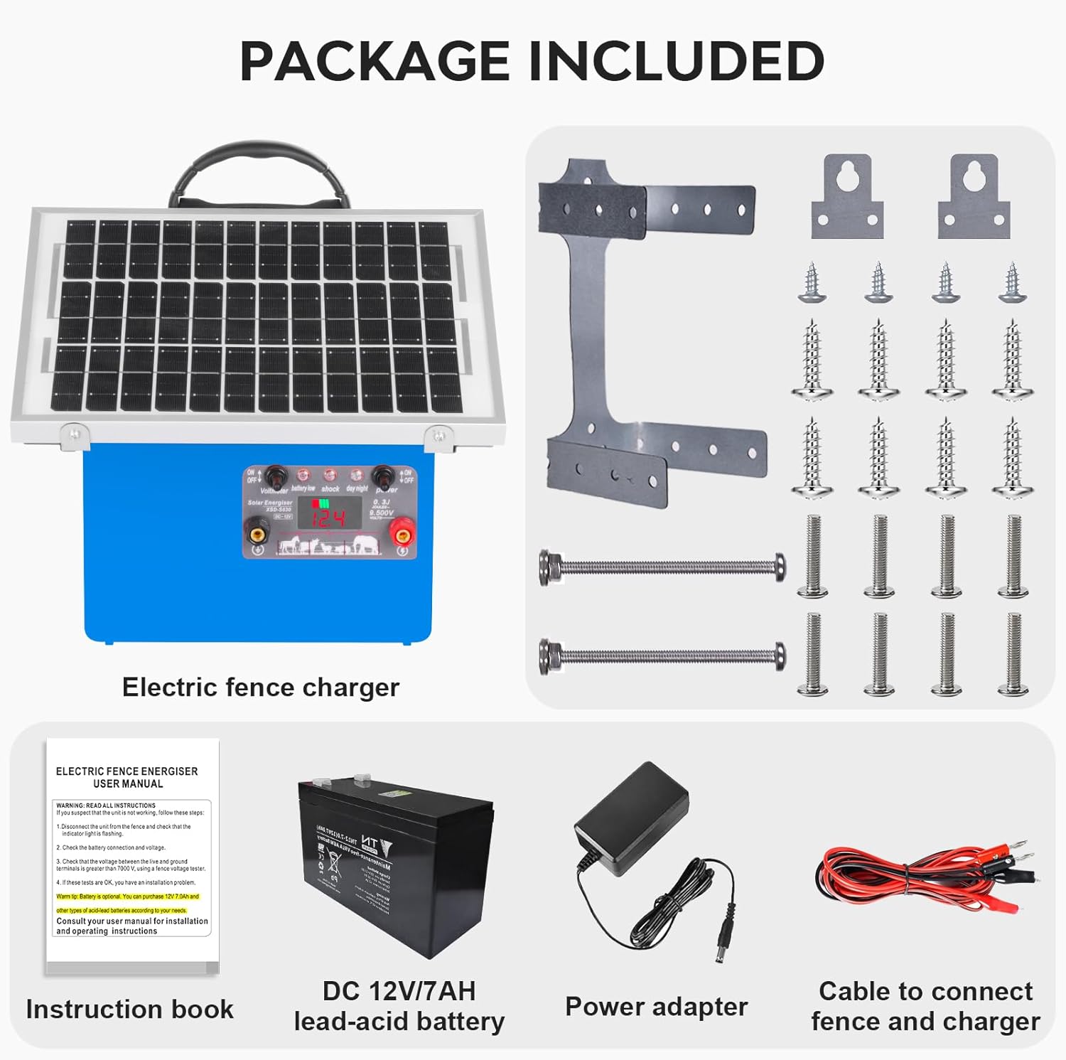 20 Miles Solar Electric Fence Charger,0.5 Joule Electric Fence Kit with 7.5W Solar Panel/7Ah Battery, IP65 Waterproof,Up to 9.5KV Output Portable Solar Fencer for Livestock Poultry