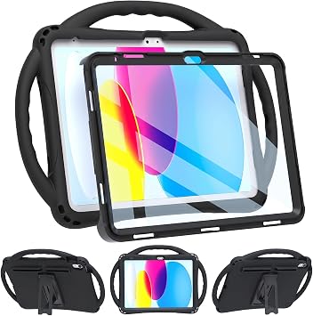 TOPESCT Kids Case for 11" iPad A16 11th Gen 2025,10.9" iPad 10th Gen 2022 - Made of Kid-Friendly Silicone, with Built-in Screen Protector, Shockproof Handle Stand Case Black