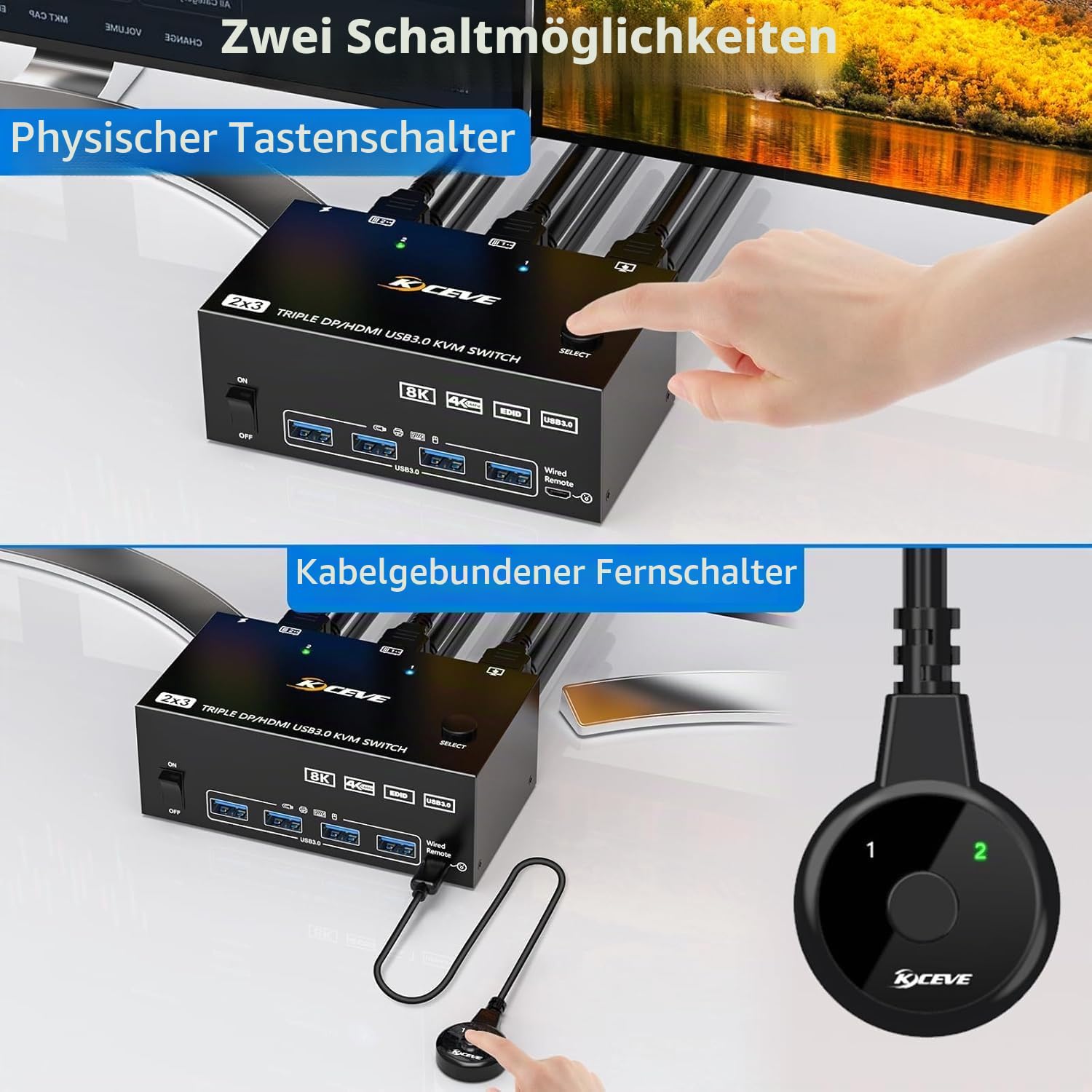 KCEVE KVM Switch 3 Monitore 2 PC, 8K@60Hz/4k@144Hz USB 3.0 KVM Umschalter HDMI + DisplayPort, für 2 Computer, 3 Displays, und 4 USB 3.0 Geräte