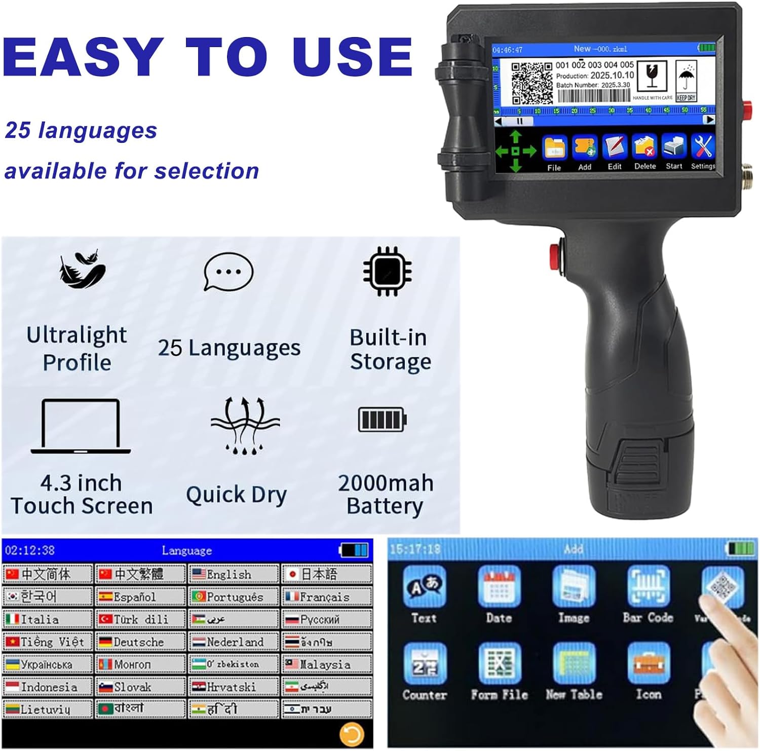 Handheld Inkjet Printer，Screen-Portable Handheld Printer for Date, QR Code, Barcodes, Logos & Text Printing on Metal, Plastic, Wood, Glass, Paper on Metal,Wood,Glass,Plastic