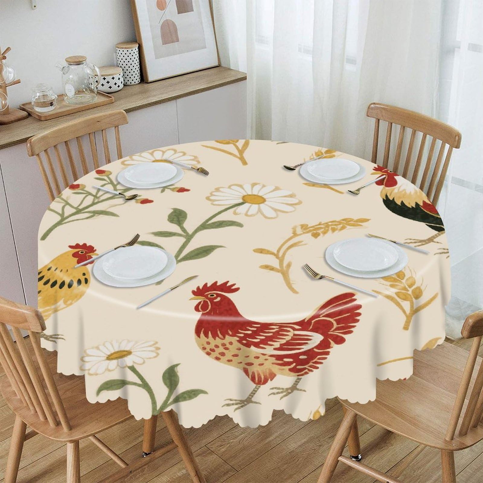 VstaDank Chicken and Rooster Print Round Tablecloth Wipeable Round Polyester Tablecloth Waterproof Wrinkle Free Indoor and Outdoor Table Cover 60 Inch Decorative Farmhouse Table Cloth for Dining