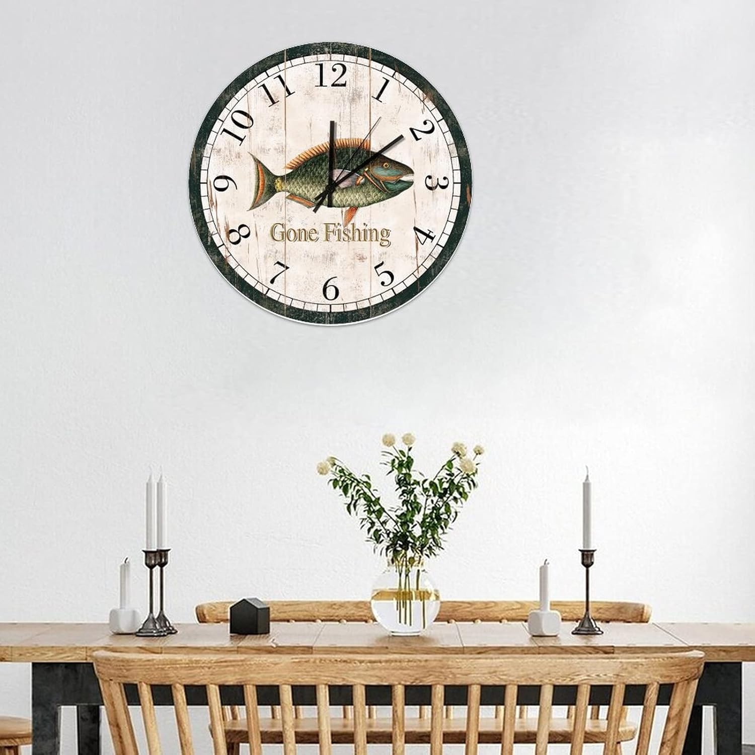 Round Wooden Wall Clock 12x12 Inch,Home Decor Wood Wall Clock,Retro Cute Fish Arabic Numerals Clock Gone Fishing Retro Silent Non-Ticking Battery Operated Wood Clock Wall Art Birthday Gifts