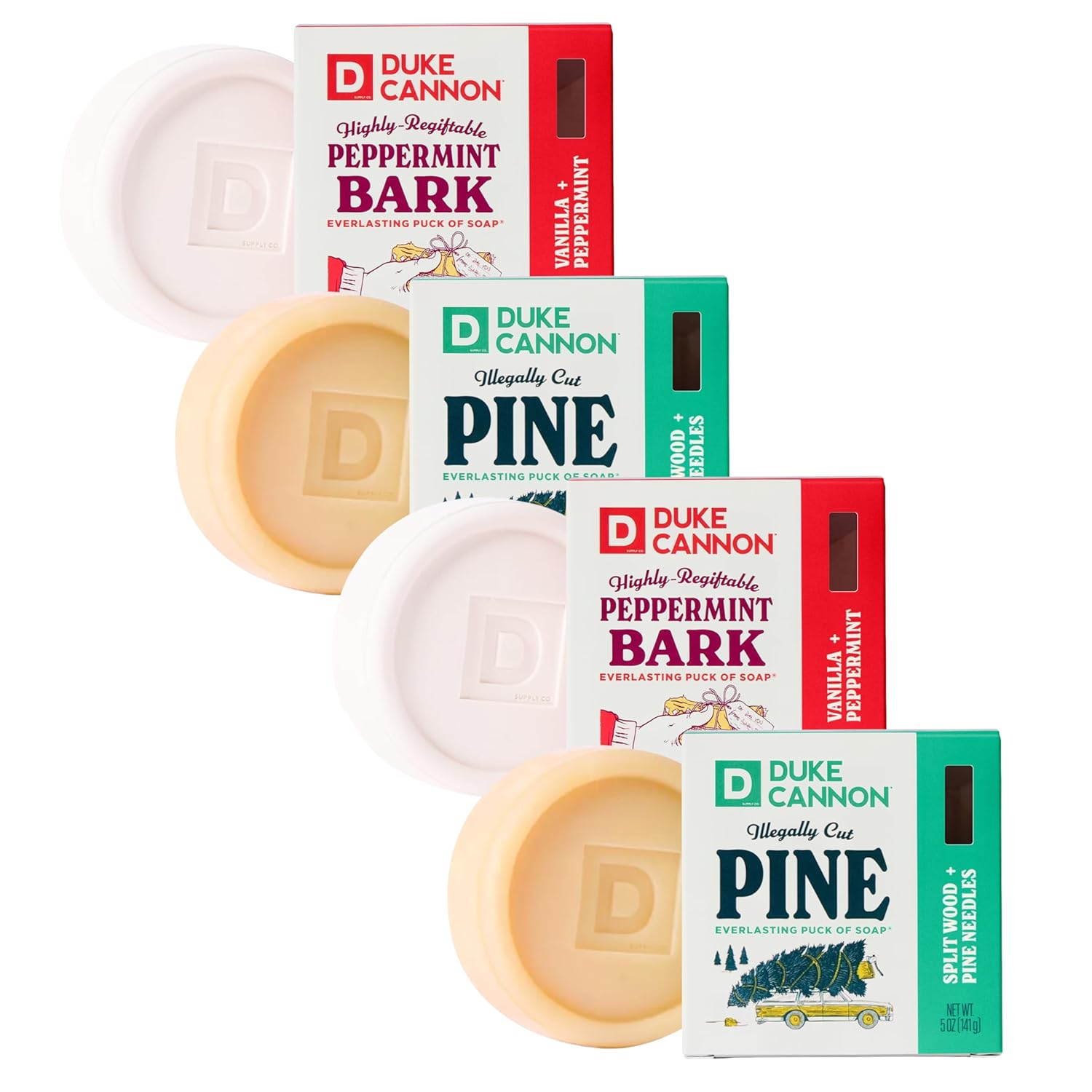 Duke Cannon Holiday Soap for Men, Illegally Cut Pine 2 Pack & Peppermint Bark 2 Pack Scented 5 oz Soap Pucks, Long-Lasting Extra Large Bars for Refreshing Daily Clean