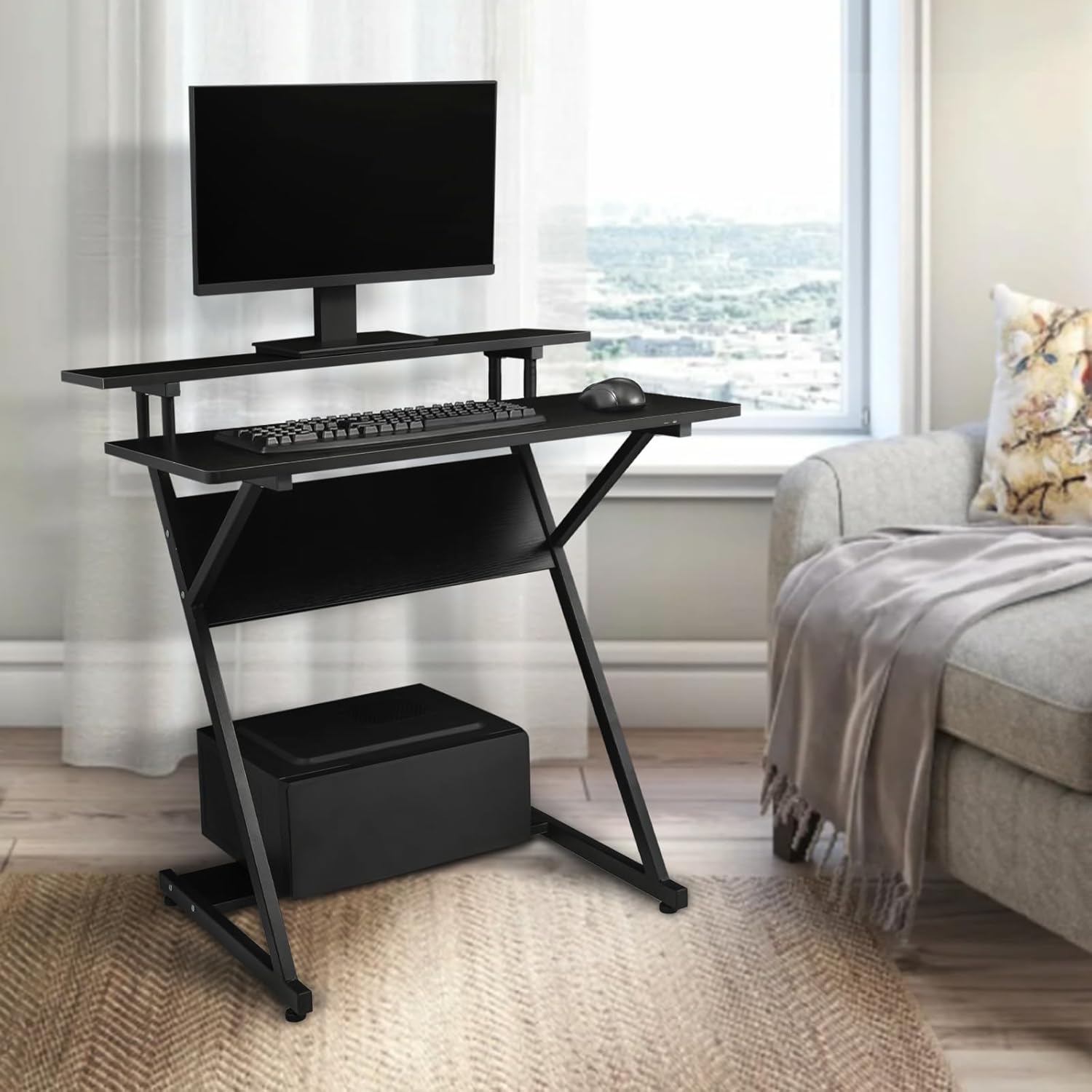 Gaming Desk with Monitor Shelf, Home Office Table Study 2-Tier PC Workstation for Small Space, Metal Legs and Wooden Desktop (Black, 31.5')