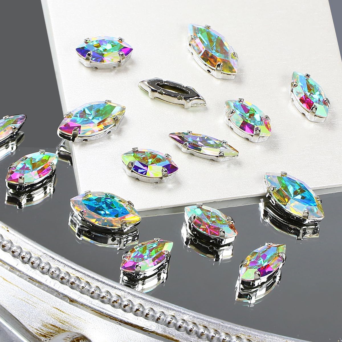 DONGZHOU Navette Shape Sew On Rhinestone with Silver Claw,48Pcs Mix Size Sewing Crystal Stone K9 Glass Gems for Clothes Shoes Jewelry Making DIY Crafts Wedding Decoration,Crystal AB