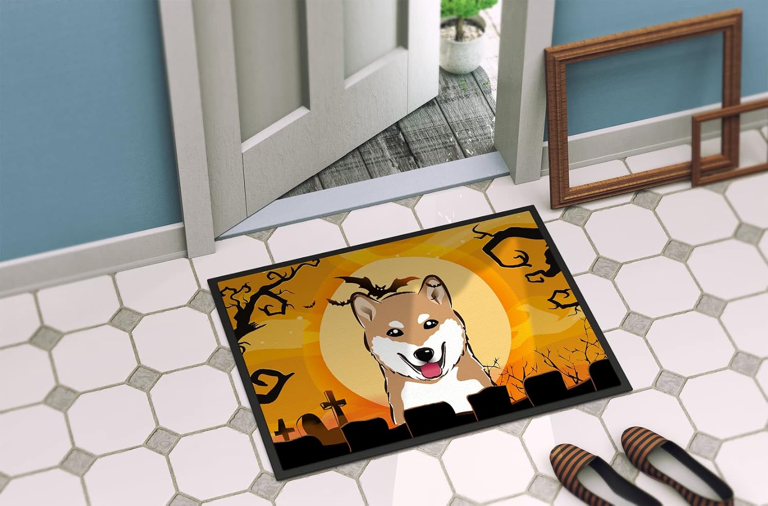 Caroline's Treasures BB1783JMAT Halloween Shiba Inu Doormat 24x36 Front Door Mat Indoor Outdoor Rugs for Entryway, Non Slip Washable Low Pile, 24H X 36W