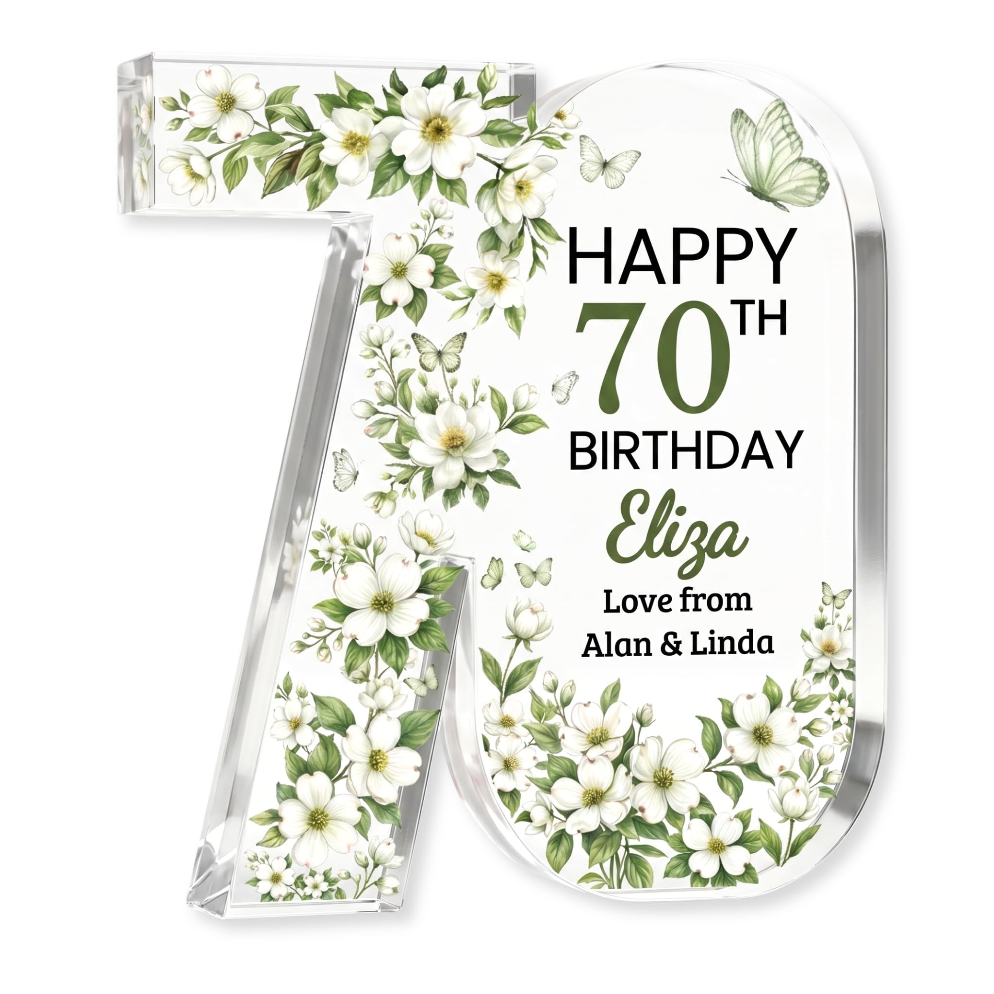 Personalised 70th Birthday Plaque for Her, Acrylic Keepsake Gift, Birthday Card Alternative (White Floral)