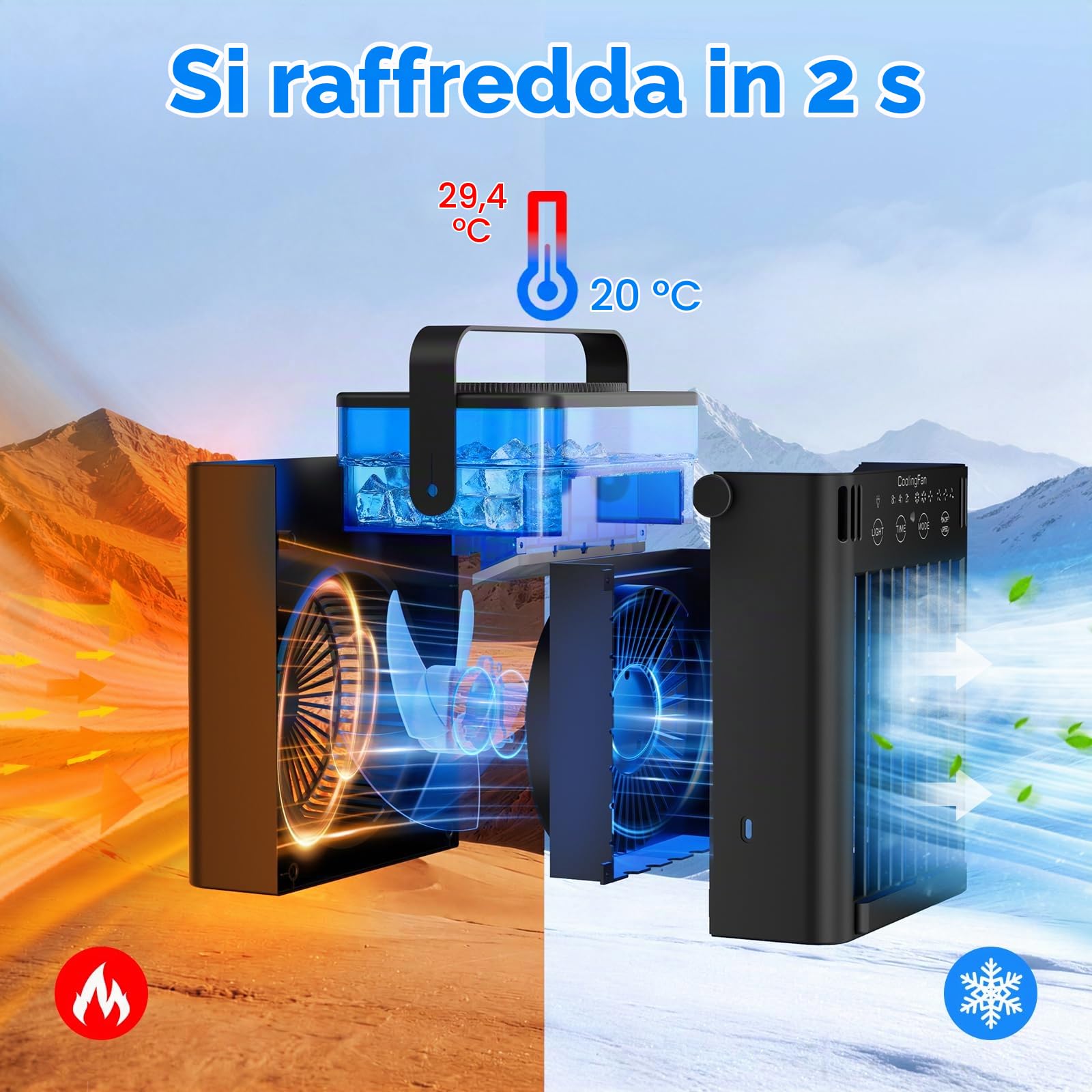 Mini condizionatore portatile con telecomando, 3 velocità e 3 nebbie, timer da 2 a 8 ore e 7 luci, per camera da letto, ufficio, ufficio