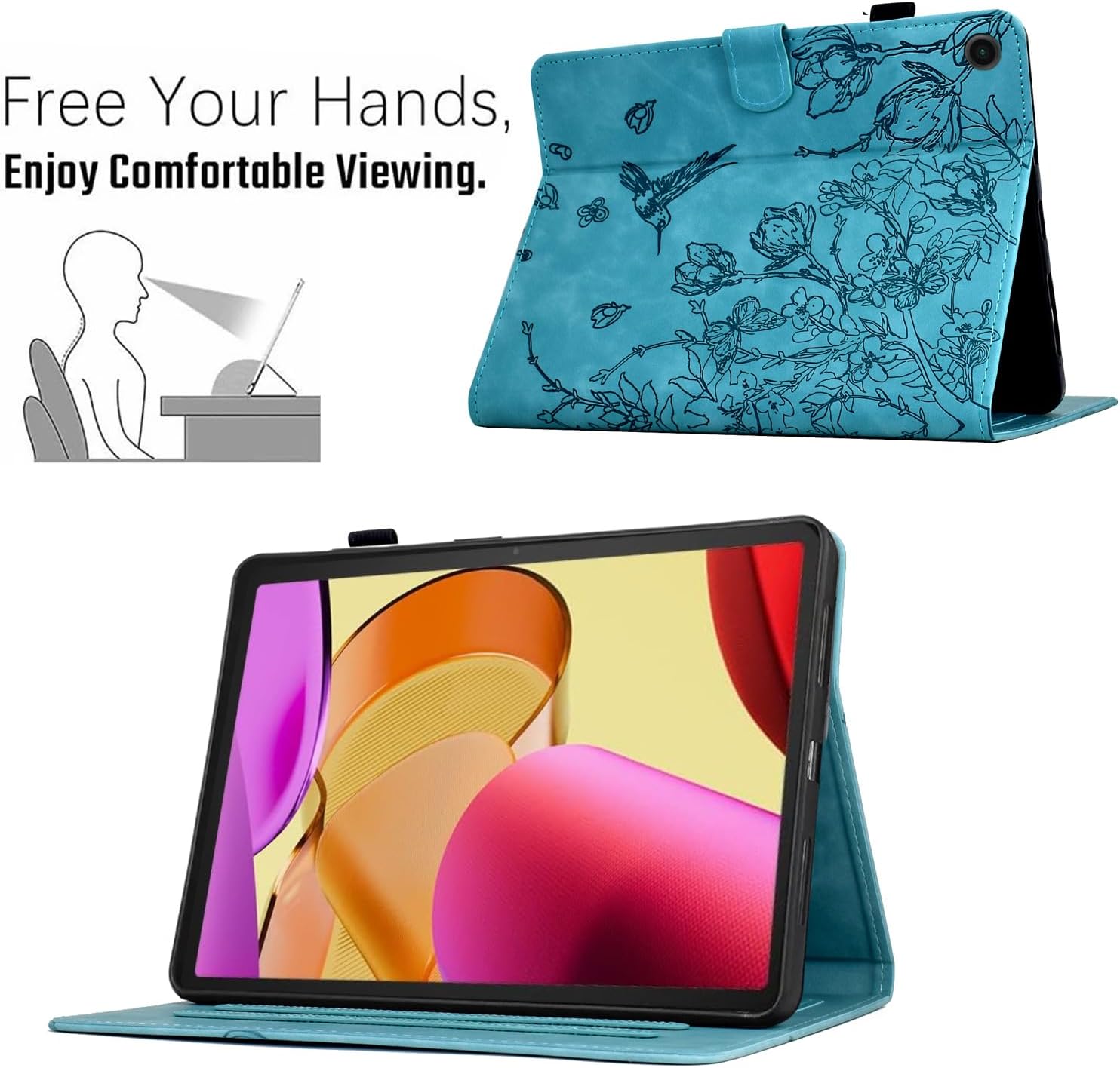 KEROM Kindle Fire Max 11 Case 13th Generation 2023 Release, Fire Max 11 Tablet Case, Embossed Suede Leather Folio Stand Cover with Auto Wake/Sleep & Card Slot & Pen Holder, Blue Bird Flower Embossing