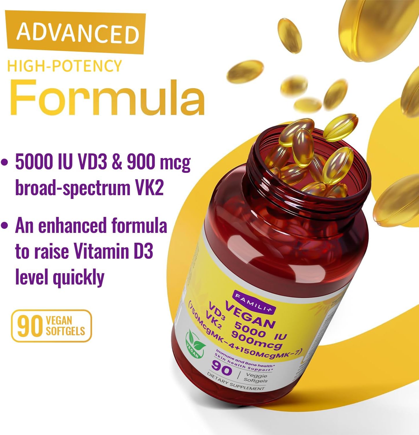 FAMILI+ 90 Days Vegan Vitamin D3 5000IU +K2 900Mcg Softgel with Coconut MCT Oil | 5000IU Plant Source Vitamin D3+750Mcg MK4+150Mcg MK7 | Broad Spectrum K2| Bone Muscel Teeth Overall Health|100% Vegan