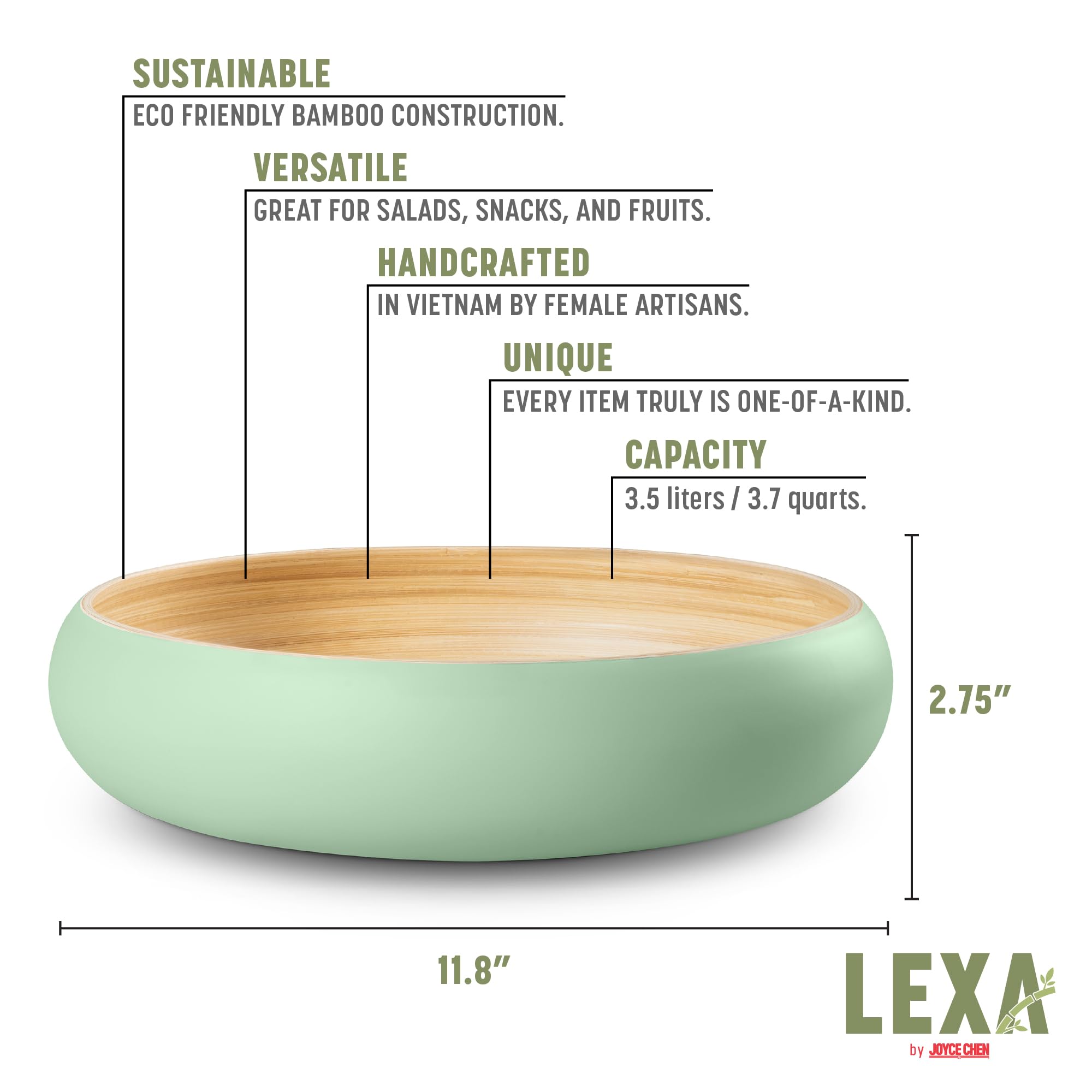 LEXA Frutero para mostrador de cocina, centro de mesa grande y redondo, hecho a mano de madera de bambú natural, ideal como cuenco decorativo de caramelo o cesta de frutas para cocina (verde salvia)