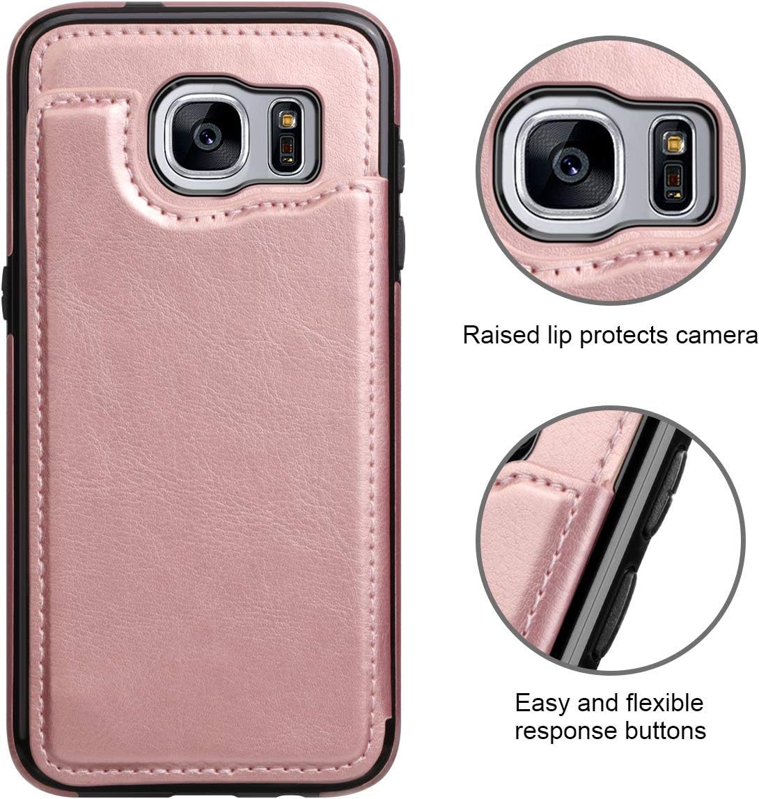 HianDier Wallet Case for Galaxy S7, Slim Protective Case with Credit Card Slot Holder Flip Folio Soft PU Leather Magnetic Closure Cover Case Compatible with Samsung Galaxy S7, Rose Gold