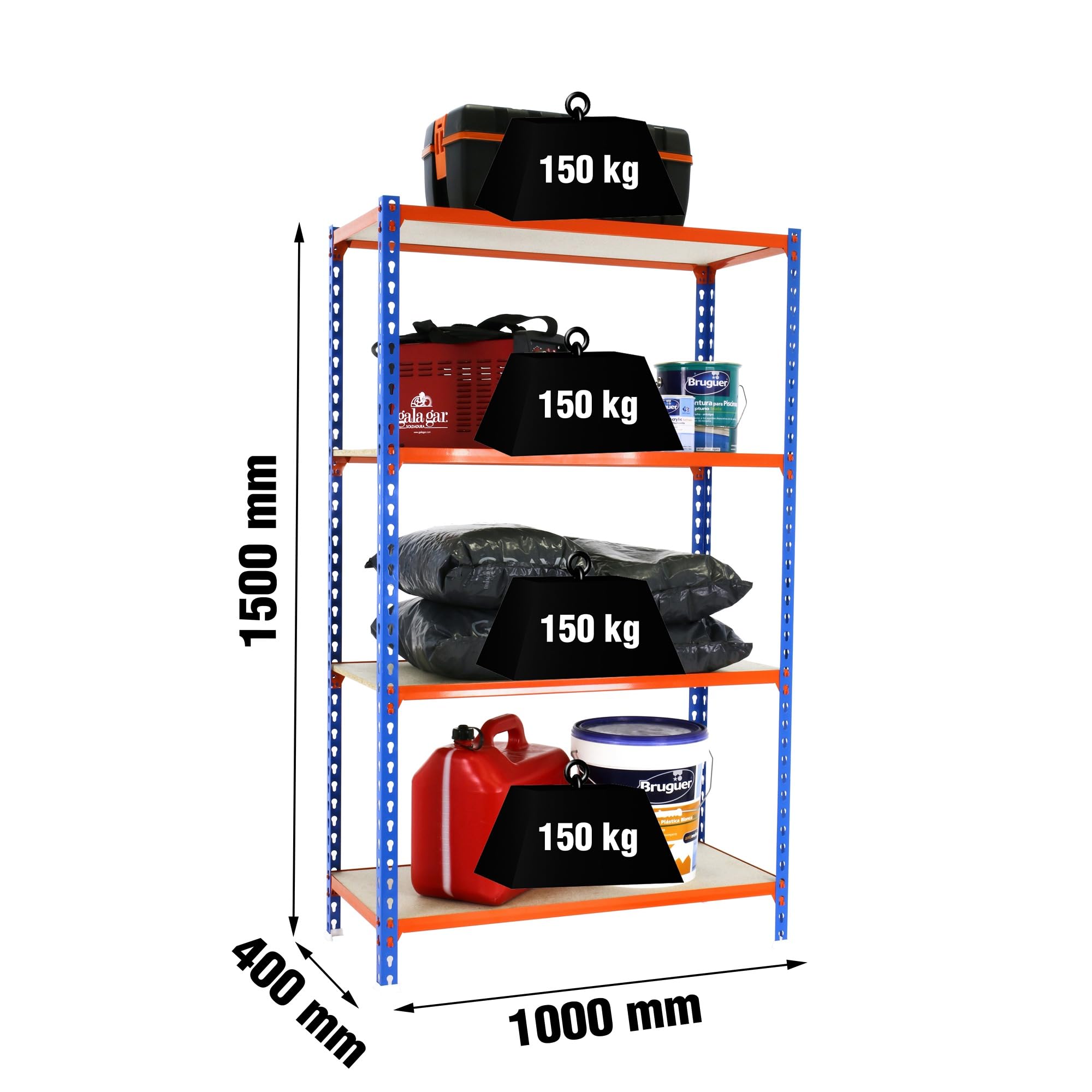 SimonRack Estanteria Metalica, 4 Baldas Madera Ajustables, 150 kg de Punto Flexión, 1500x1000x400 mm, Estantería Almacenaje, Sin tornillos, Azul/Naranja/Madera - Maderclick | 4 Alturas, Bandeja Madera, 150 kg de Punto Flexión, Azul/Naranja , Pintura antic