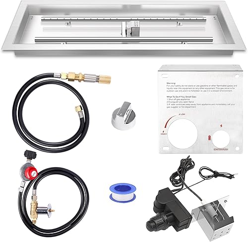 QuliMetal Sartén para hoguera de 30 x 10 pulgadas, rectangular de acero inoxidable 304 de gas natural y propano con kit de encendido por chispa para