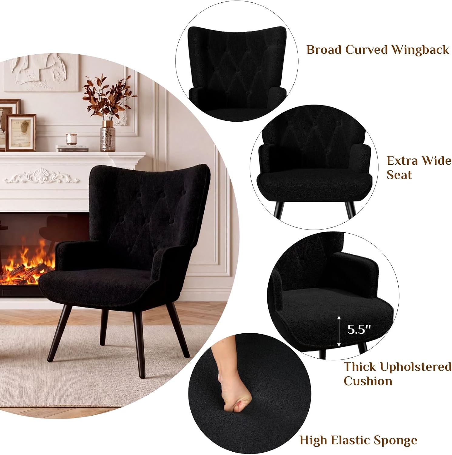 TLSUNNY Accent Chair, Comfy Upholstered Teddy Fabric Armchair with Metal Legs, High Backrest Living Room Chair, Wingback Chair Mid Century Modern for Living Room/Vanity/Bedroom (2, Black)