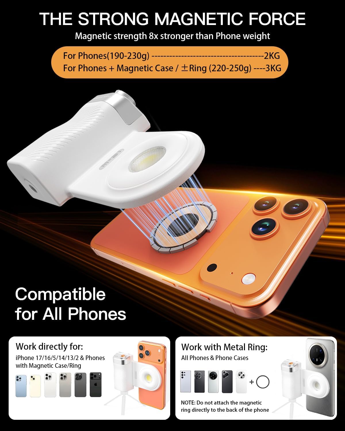 Magnetic Selfie Light for MagSafe iPhone Phone with Magnet Ring,Rechargeable CRI 97+ 700lx/0.3m Folding LED Phone Fill Ring Lighting with Mirror for Makeup Webcam Laptop Photo Makeup (Peal White)