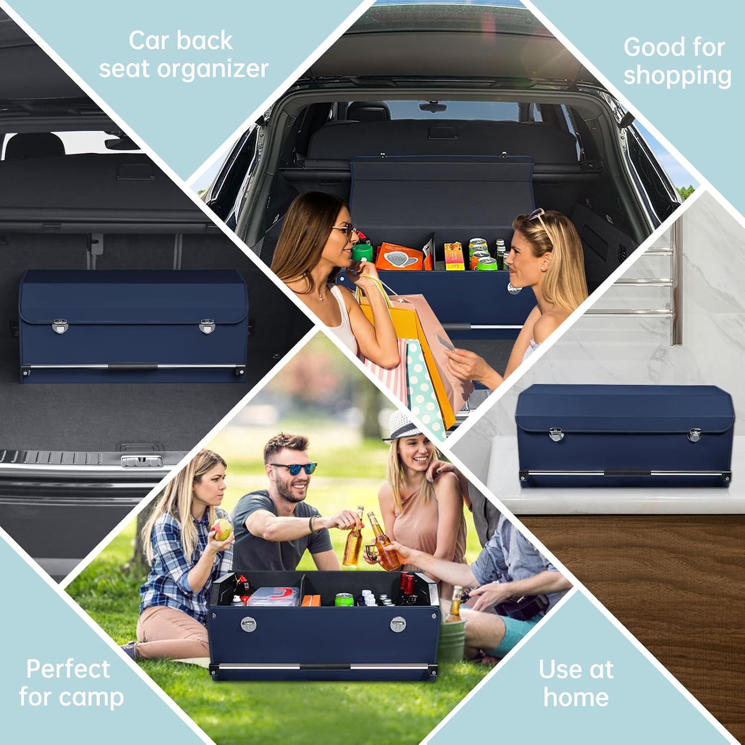 Car Trunk Organizer, Collapsible Car Storage Organizer with Lid and Push-pull Handle Leather Trunk Organizer for Suv, Truck, Minivan (Blue, 27.17 x 11.42 x 12.2in)