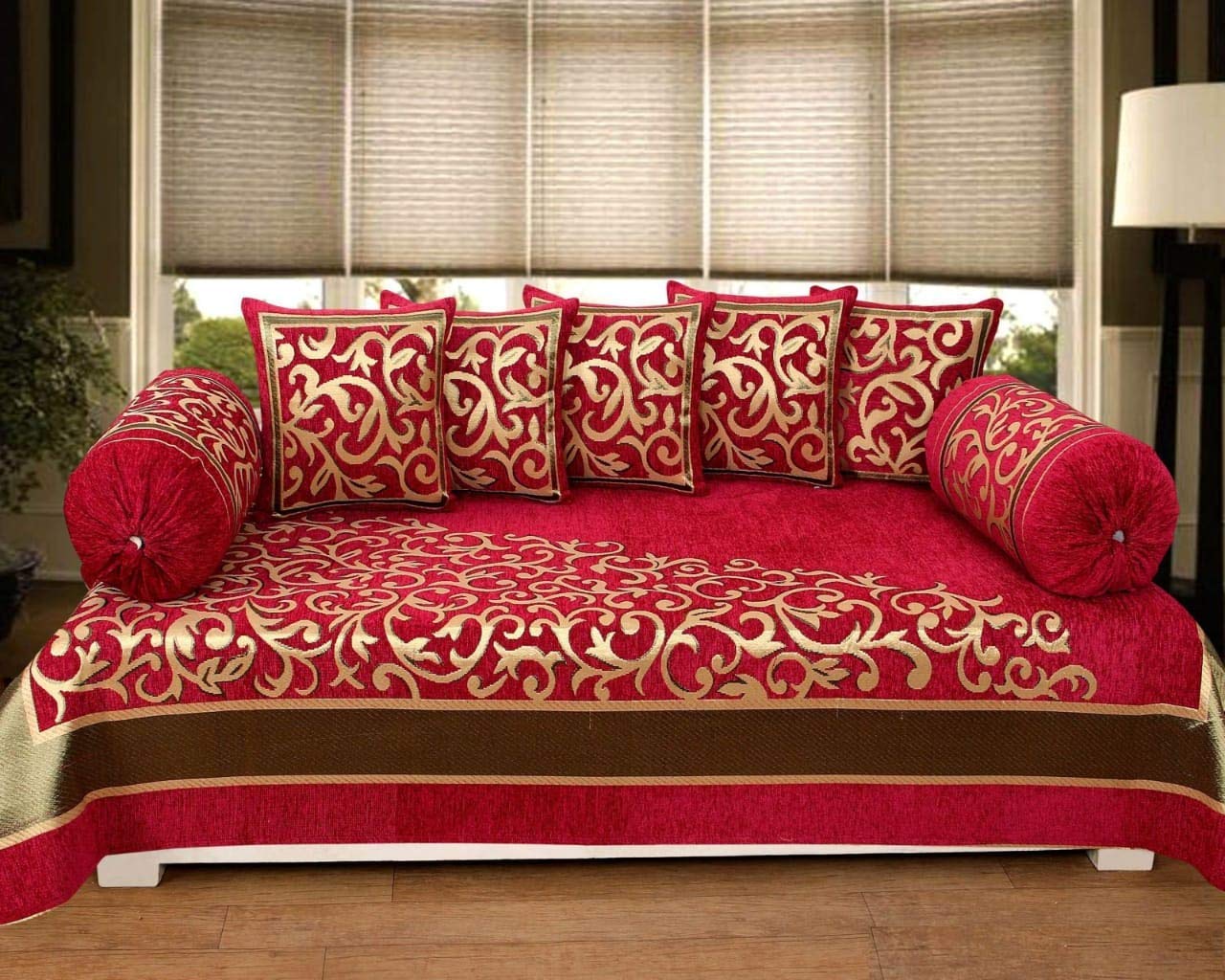 FRESH FROM LOOM Chenille Floral 500 TC Diwan Set Red - 1 Single Bedsheet with 2 Bolster Covers and 5 Cushion Covers (8pc Set)