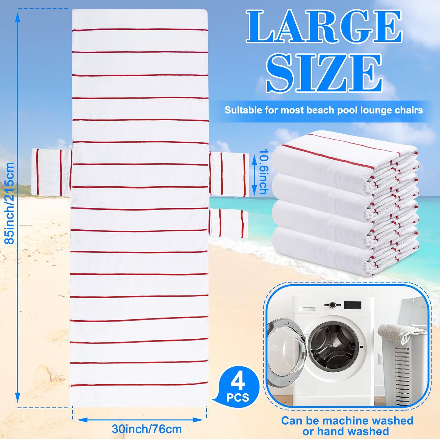 4 Pack Pool Chair Covers Towel Chaise Lounge Cushion Cover with Top and Side Pockets Cotton Oversized Beach Chair Towels for Indoor Outdoor Patio Sunbathing, 85 x 30 Inch (Red Stripes)