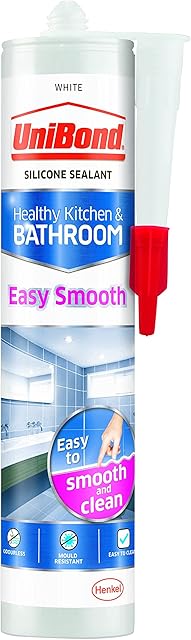 UniBond 2079215 Easy Smooth White, Waterproof Mould Protection Kitchen and Bathroom Sealant, Long-Lasting White Silicone Sealant, Powerful Bath Sealant, 1 x 371 g Cartridge