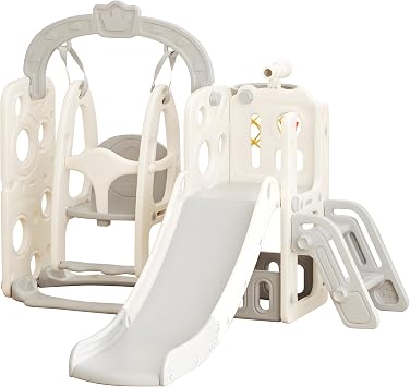 Slide Playground Indoor, Slide, Compact, Indoor, Large Play Equipment, Swing, Basket Goal, Swing Slider, Home, Kids, Boys, Girls, 1 to 6 Years Old Gray x White, Type B+4 in 1