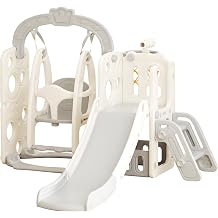 Slide Playground Indoor, Slide, Compact, Indoor, Large Play Equipment, Swing, Basket Goal, Swing Slider, Home, Kids, Boys, Girls, 1 to 6 Years Old Gray x White, Type B+4 in 1