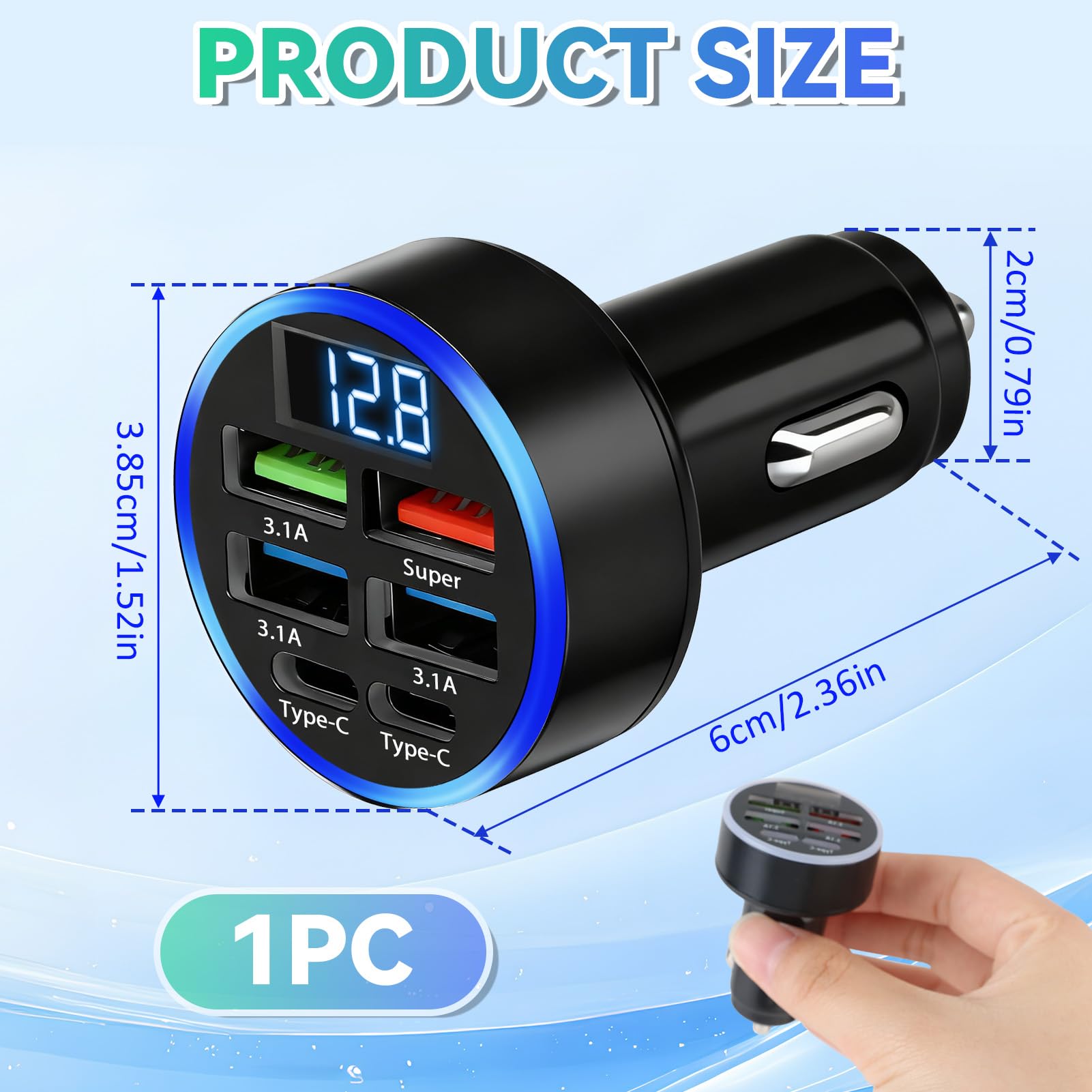 4-poorts sigarettenaansteker USB-C, 50 W QC3.0 & PD oplader voor auto, snel opladen voor mobiele telefoon, LED-voltmeter