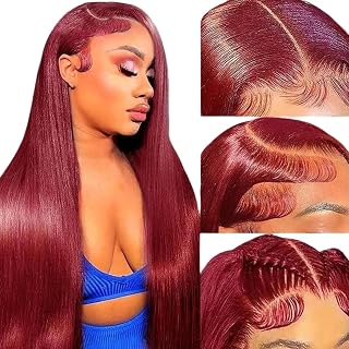 Burgundy Wig Human Hair 32 Inch 13x6 HD Transparent Lace Straight 99J Red Human Hair Wig Colored Reddish Brown Lace Frontal Wigs 180% Density Pre Plucked