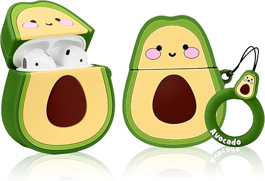 Compatible with Airpods 1/2 Cute Case,Cartoon Character Silicone Fruit Airpod Designer Skin Kawaii Funny Fun Cool Keychain Design Cover Kids Teens Air pods Cases for Girls Boys3D Avocado