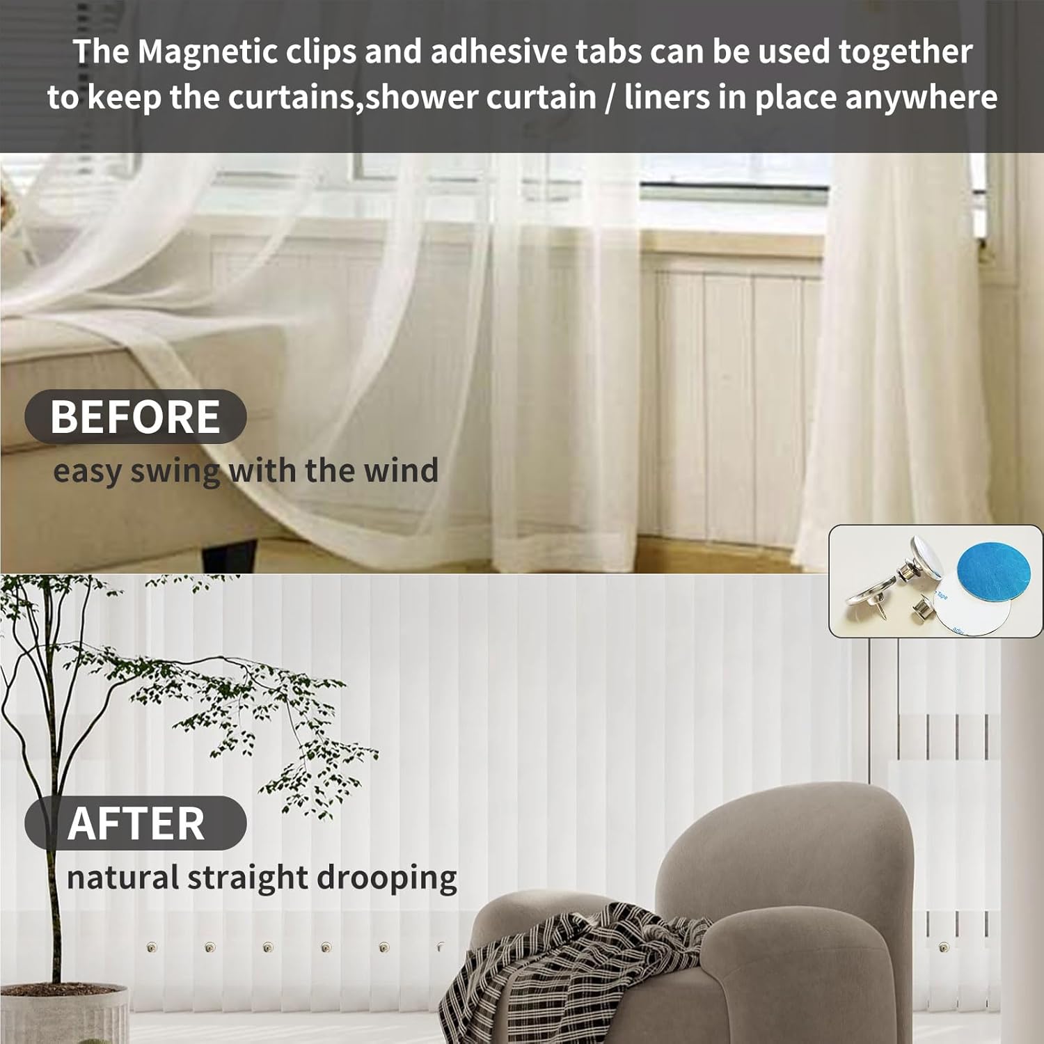 24pcs Premium Curtain Magnet Clips, Strong Hold, Stylish Back Tacks & Buckles, Curtain Buckle with Self-Adhesive Patches,No-Drill Wall Adhesive Side Keepers - Enhance Home, Bedroom & Office Draperies