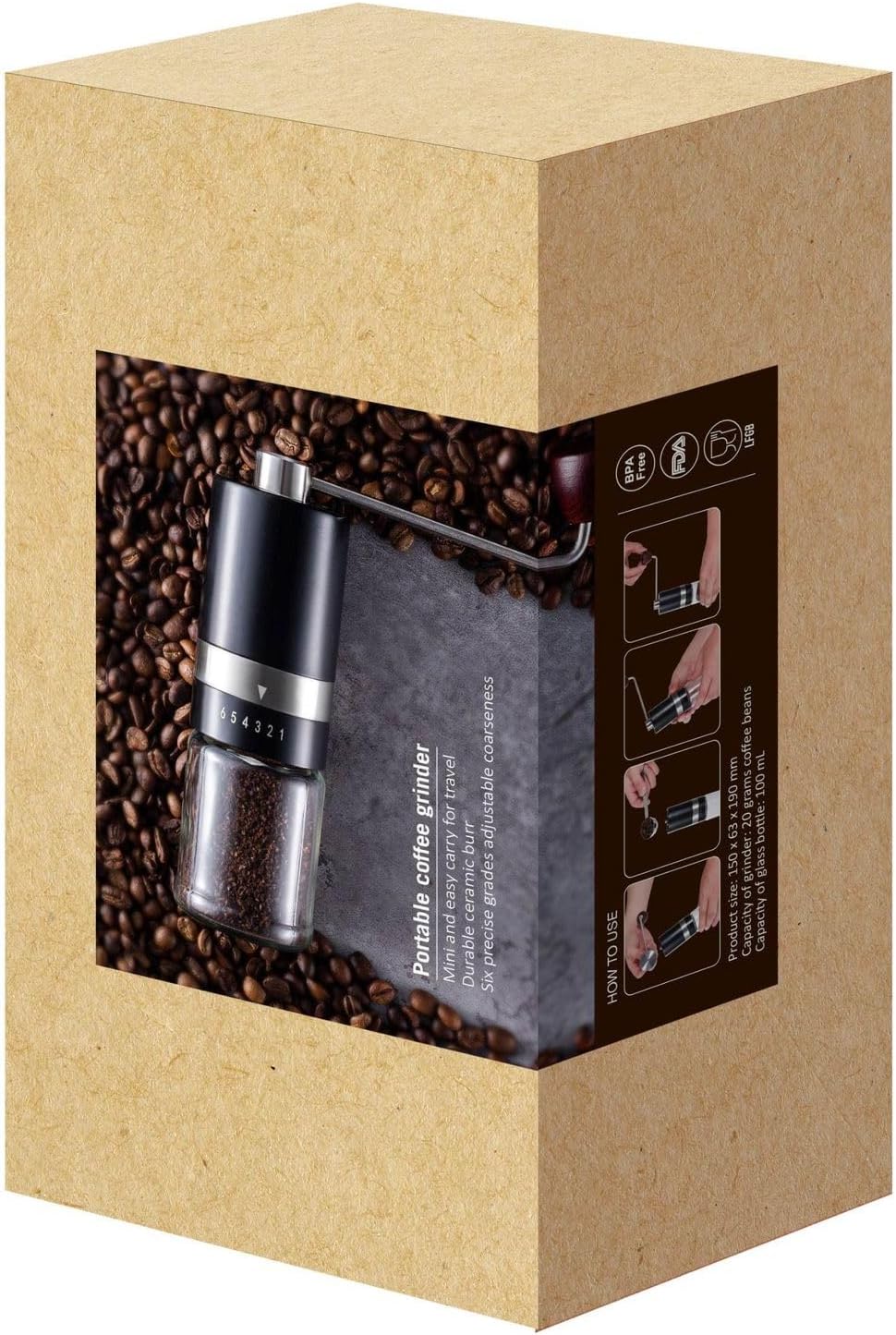 家庭用ステンレス製一体型ハンドグラインダー 大容量調整可能 手動コーヒー豆粉砕機 銀色 黒色 家庭やオフィスに適しています