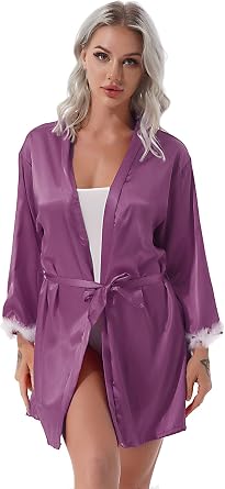 Women Belted Kimono Nightgown Long Sleeve Bathrobe Nightwear Satin Night-robe Homewear
