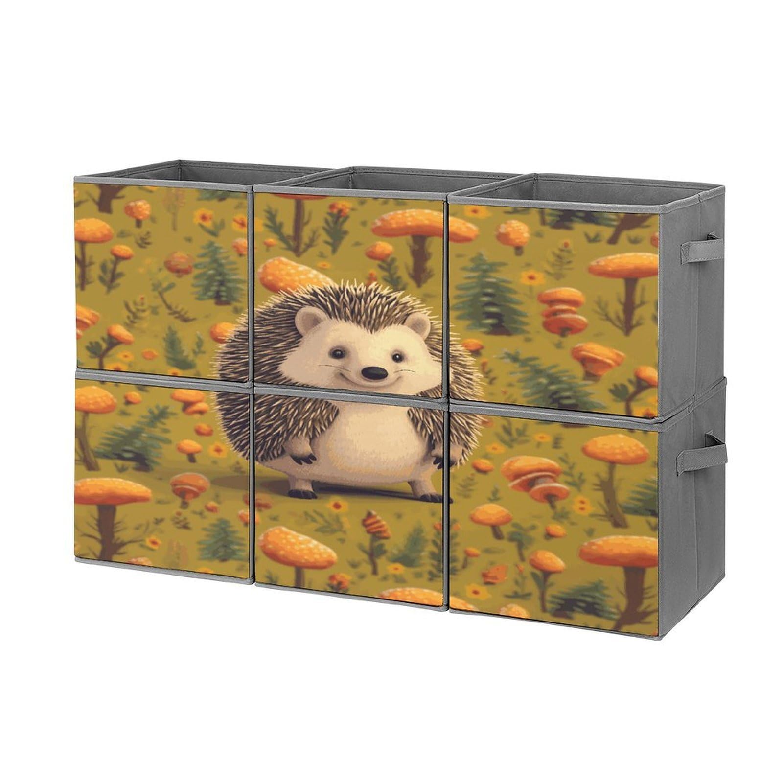 Btcowzrv Style Hedgehog Storage Cubes, 6 Pack Oxford Fabric Foldable Collapsible Bins With Handles, Cubby Storage Baskets Boxes For Closet Shelves Office Organization