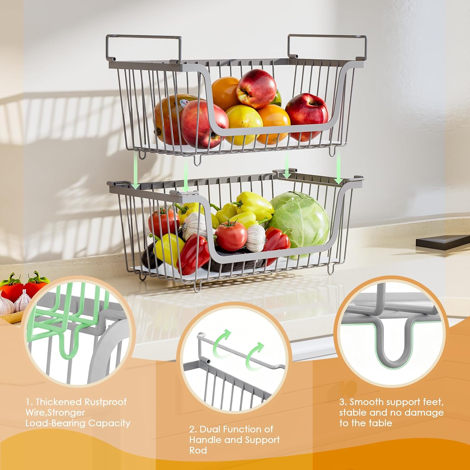 4 Pcs Stackable Wire Baskets for Pantry Organizers and Storage, Gray