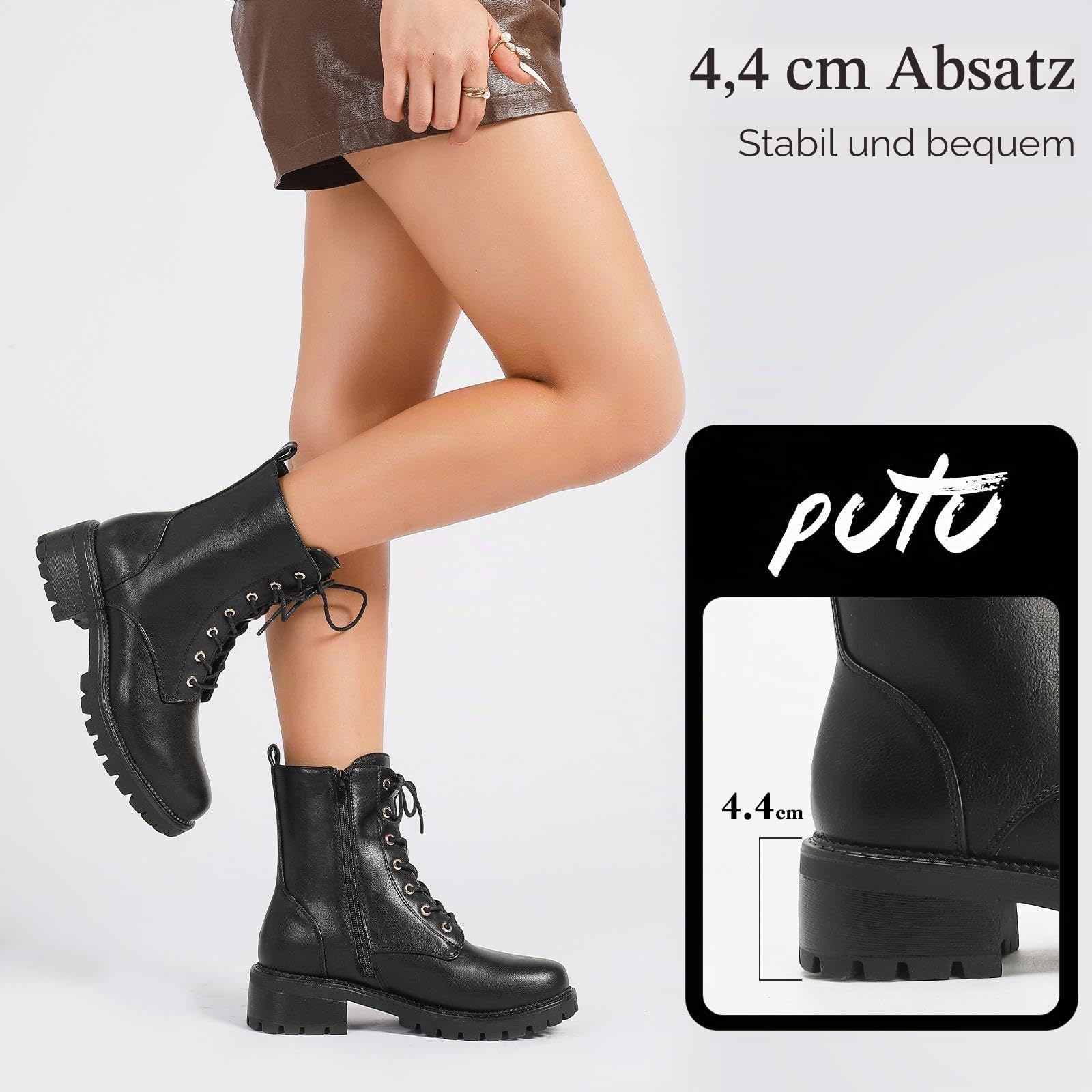 Putu Damen Stiefel Schnürboots mit Reißverschluss Profilsohle 36-42