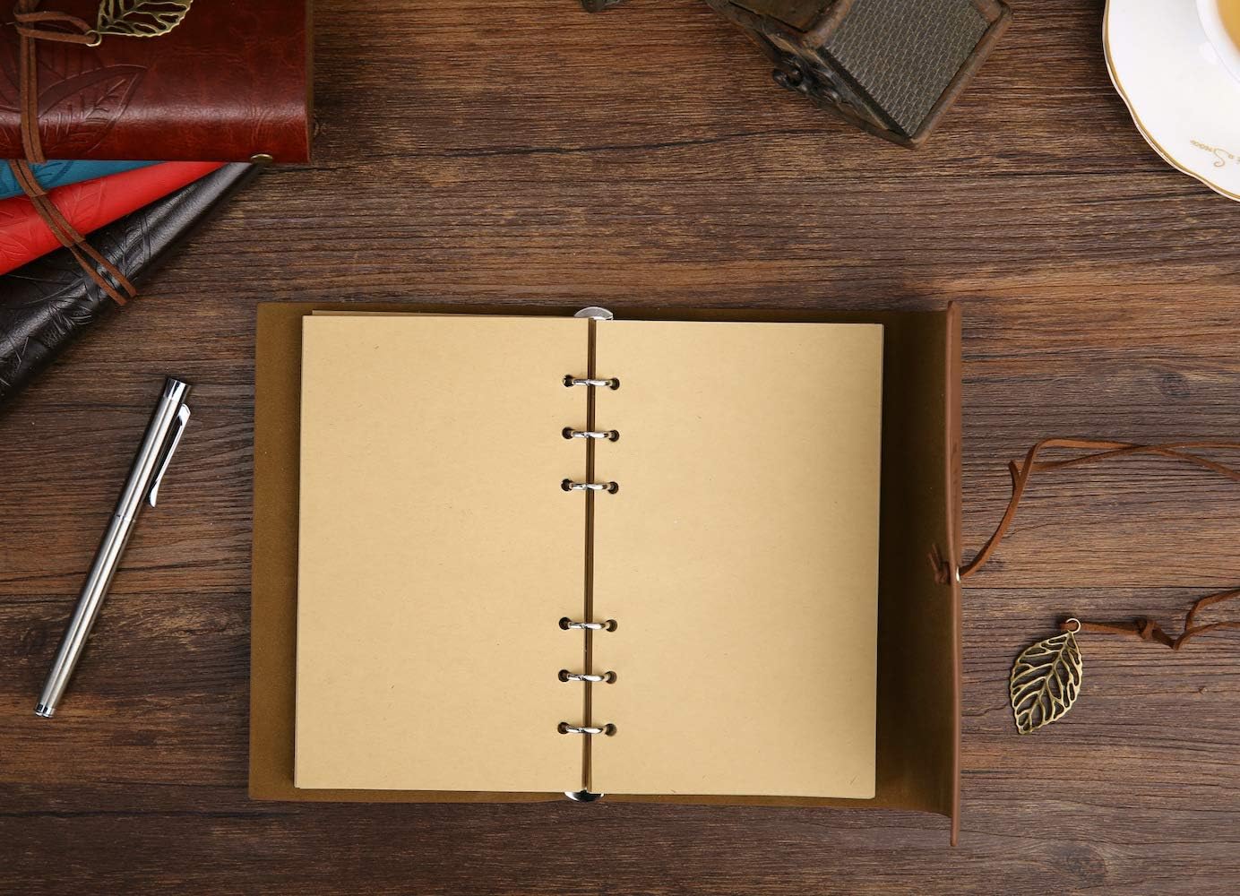 Leather Hardcover Notebook, Mens Diary Journal Classic Leaf Embossed Spiral String Notepad Sketchbook with Unlined Paper, Retro Pendants, Best Christmas Gifts (Dark Blue, 7 Inch)