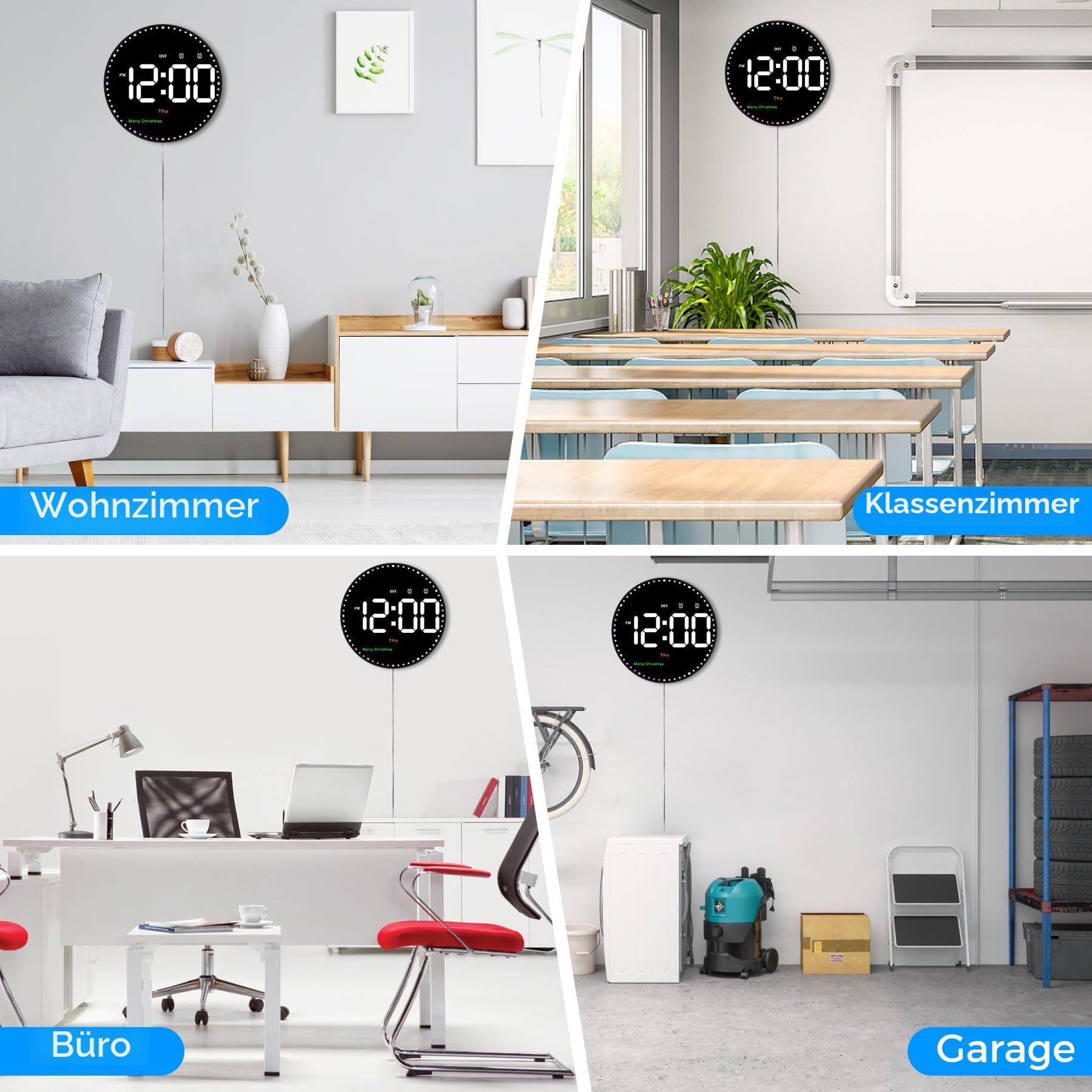 Sukeen Wanduhr Digitale Groß mit Fernbedienung, 10'' Digital Uhr, LED Wecker Datum/Tag/Temperatur/Timer/Countdown/2 Alarme, ohne Ticken für Wohnzimmer/Büro/Schule/Fitness