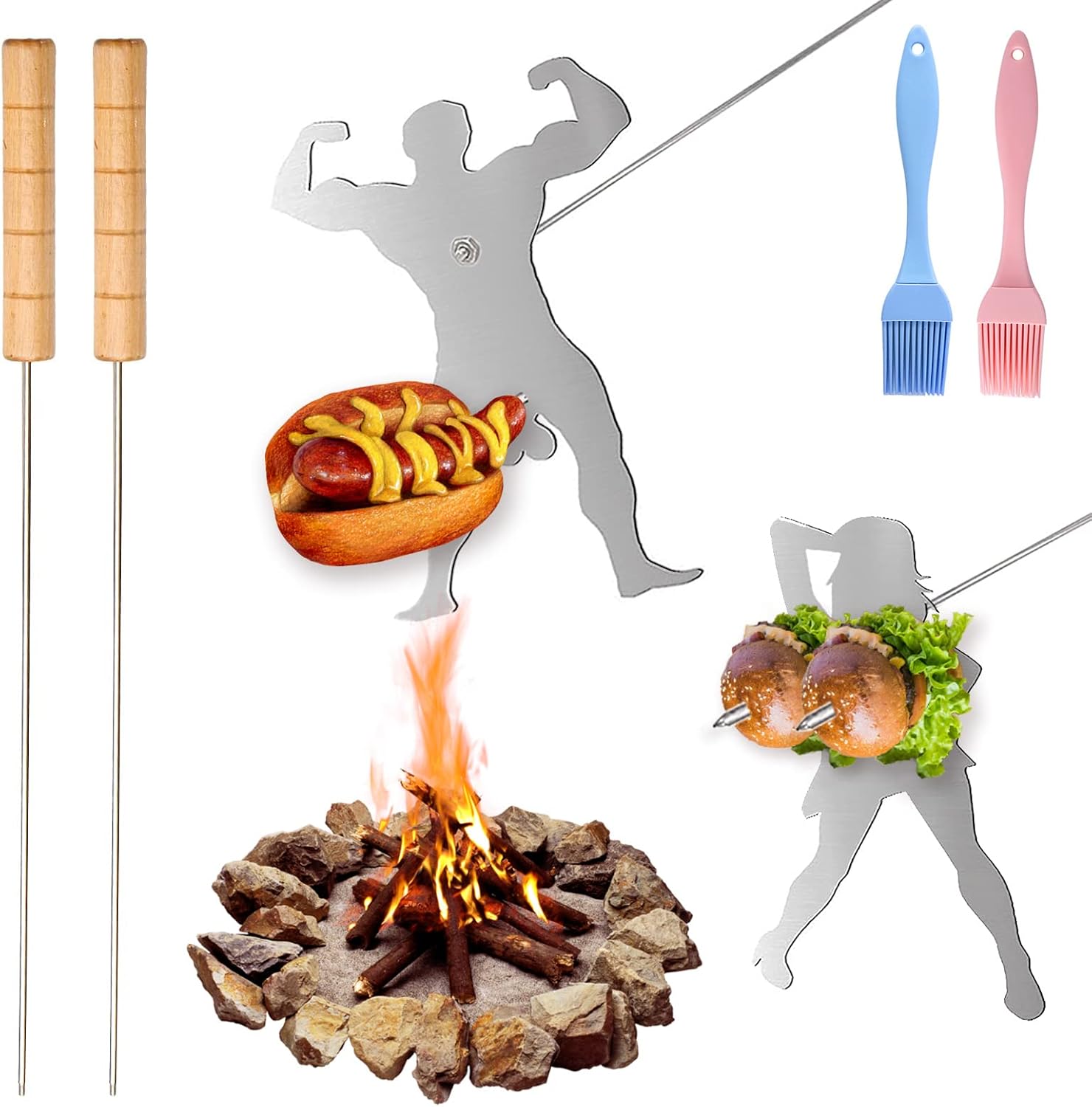 KOWSi® New Upgrade Muscle Man and Sexy Women 2PCS Barbecue Forks | Novelty Funny Bonfire Grill Stick | Stainless Steel Campfire BBQ Cookware Accessories with Basting Brushes (Muscle Man & Sexy Women) : Patio, Lawn & Garden