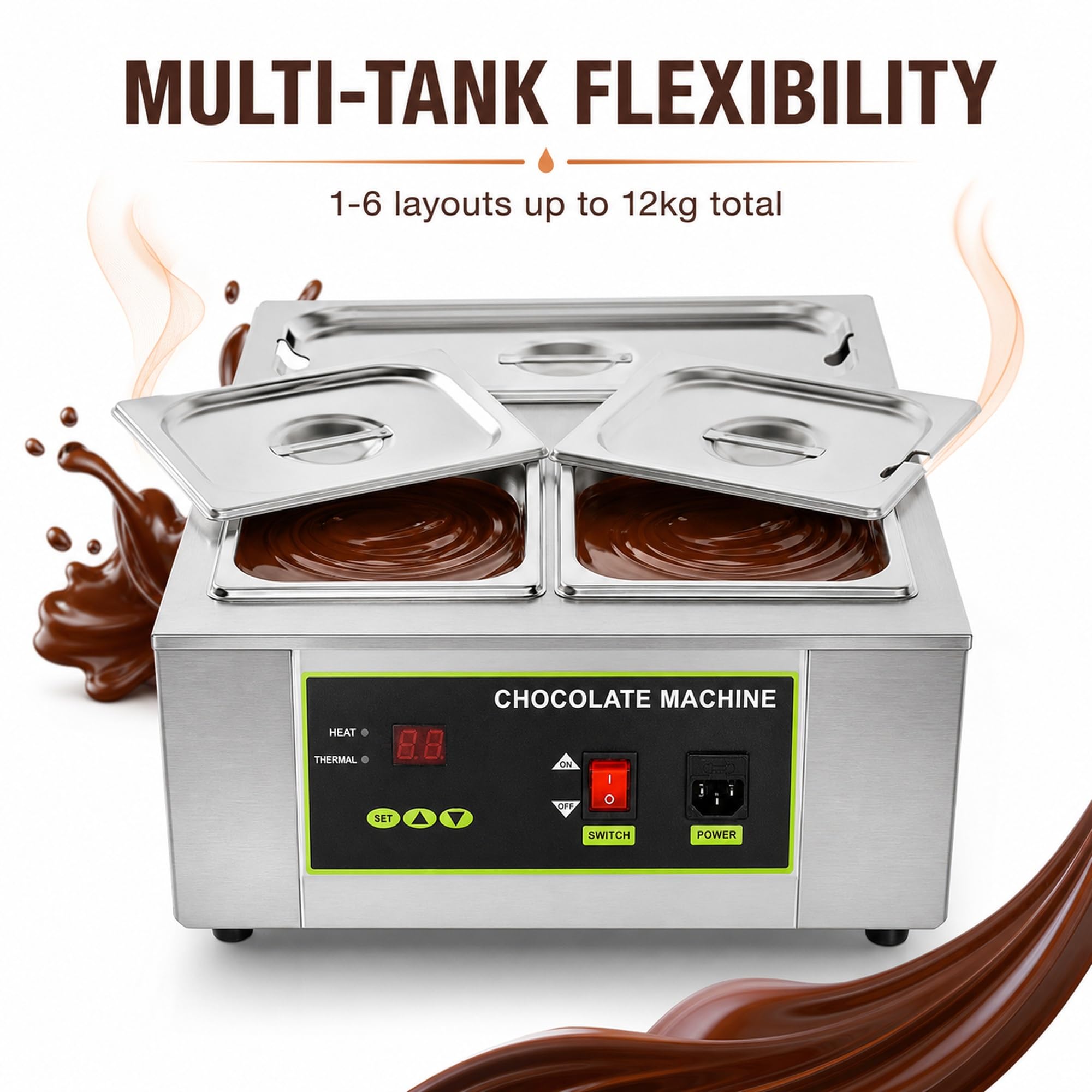 Fusor de chocolate de 12 kg con 1-6 tanques y control digital de calor