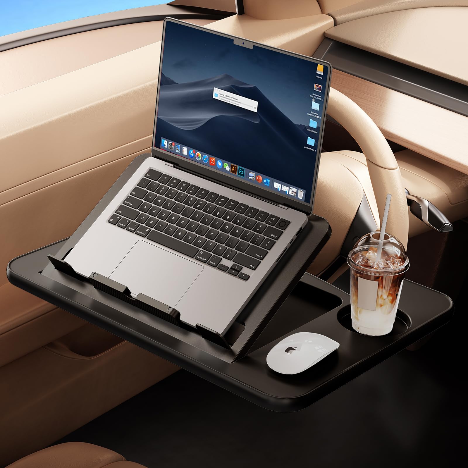 Tavolino per volante auto 3 in 1 per laptop, vassoio regolabile in altezza per conducente, vassoio per cibo per auto con portabevande, accessorio multiuso da viaggio per auto per lunghi