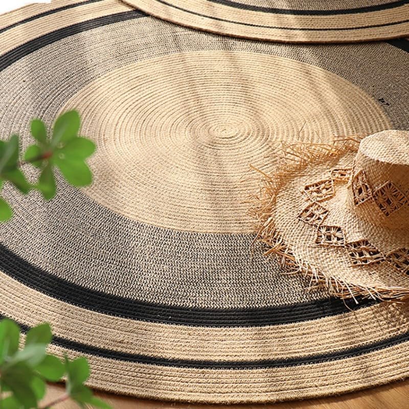 Image of Cotton Round Carpet 4x4 feet - Handmade Braided Boho Rug for Living Room, Bedroom & Balcony - Soft Washable Floor Mat, Color -Beige Black