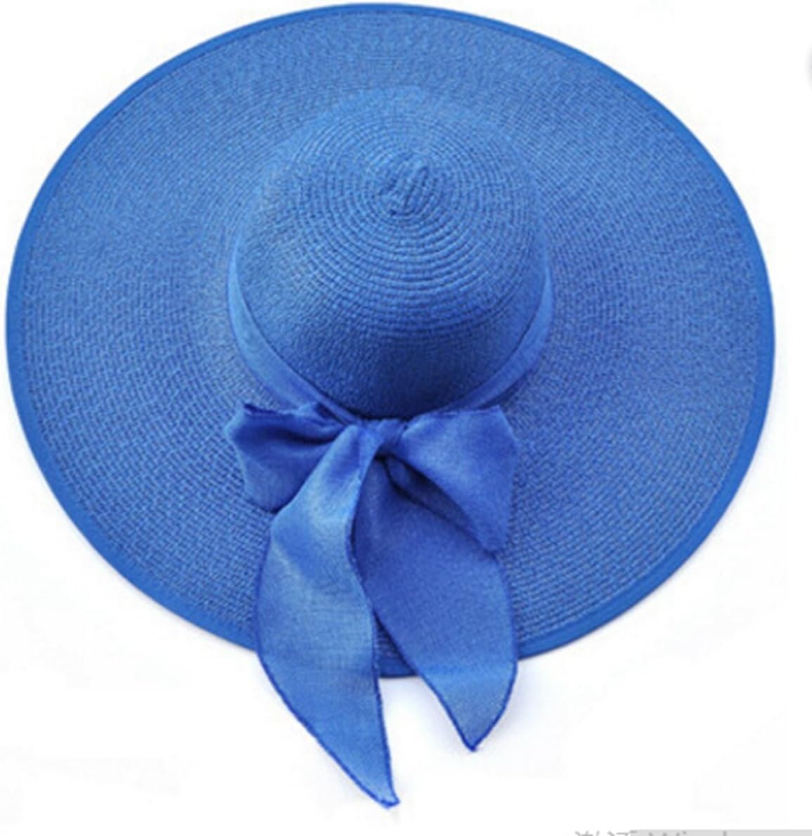 SKYEO Summer Wide Brim Beach Women Handmade Sun Straw Hat Elegant Royal Blue Cap