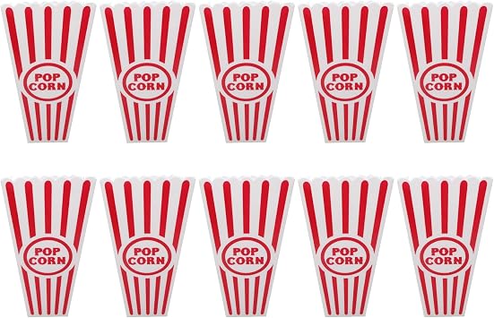 Gadgetime USA Plastic Popcorn Containers for Movie Nights - Red & White Classy, Vintage Style Popcorn Buckets - Tall, Reusable Retro Popcorn Cups for Carnivals - Dishwasher Safe Pack of 10