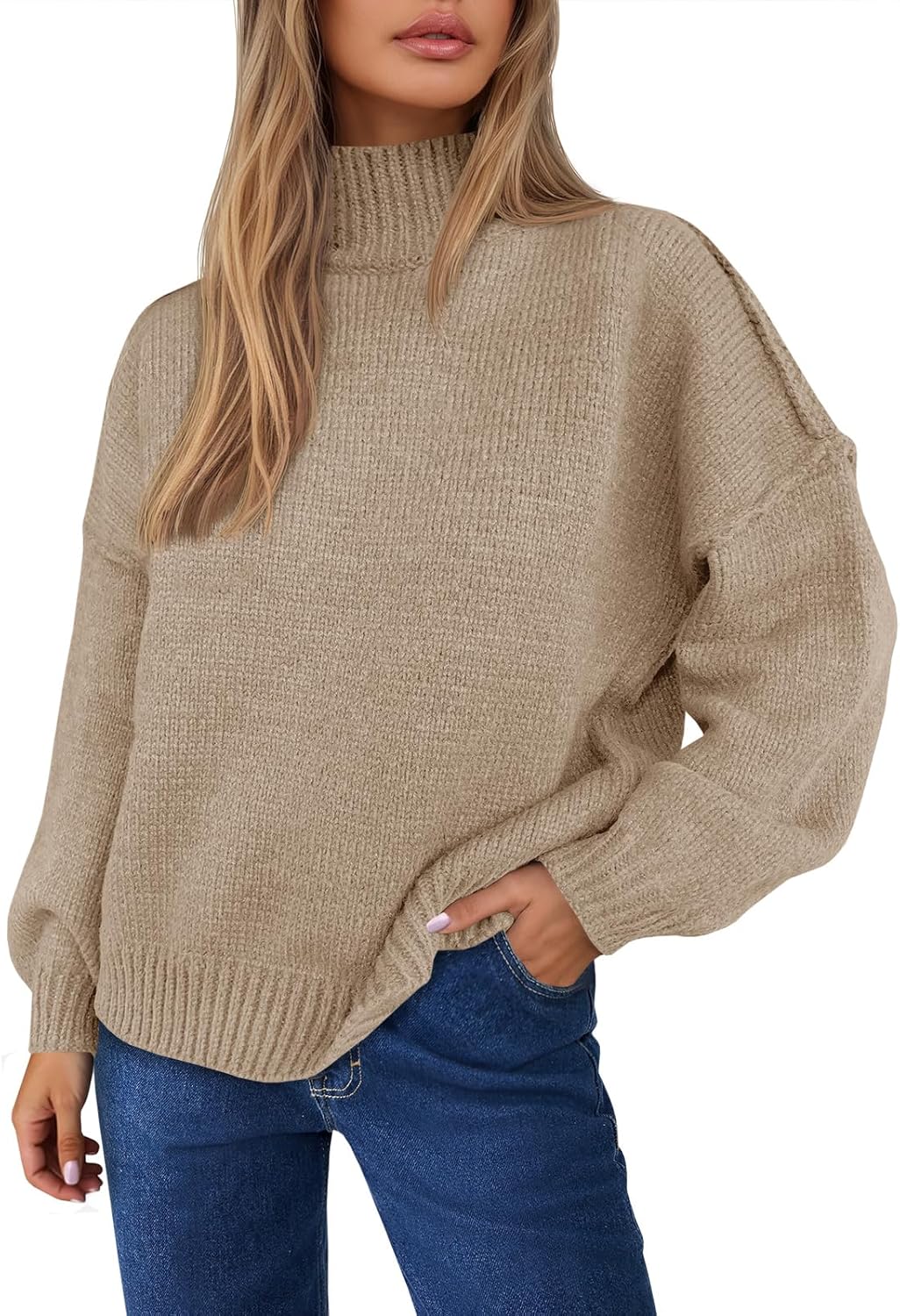 Saodimallsu Womens Mock Neck Sweater Tops Long Lantern Sleeve Fall Casual Loose Knit Basic Pullover Sweaters