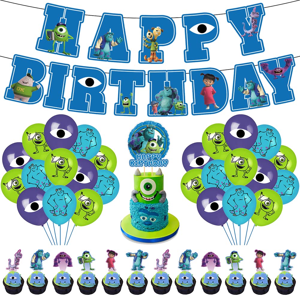 33 PCS Monsters Birthday Decorations Balloons, Monster University Party Decoration, Monsters Themed Party Supplies Set Latex Balloons Decoration Banner Cake Toppers for Kids Baby Shower Birthday